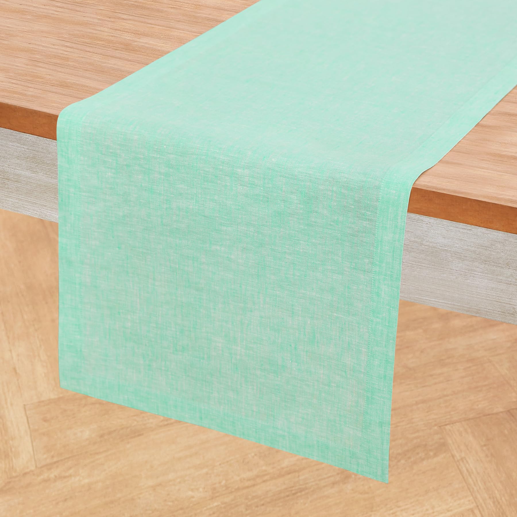 Solino Home Linen Table Runner 120 Inches Long - Athena, 100% Pure Linen Chambray Aqua Dining Table Runner 14 x 120 Inch for Win
