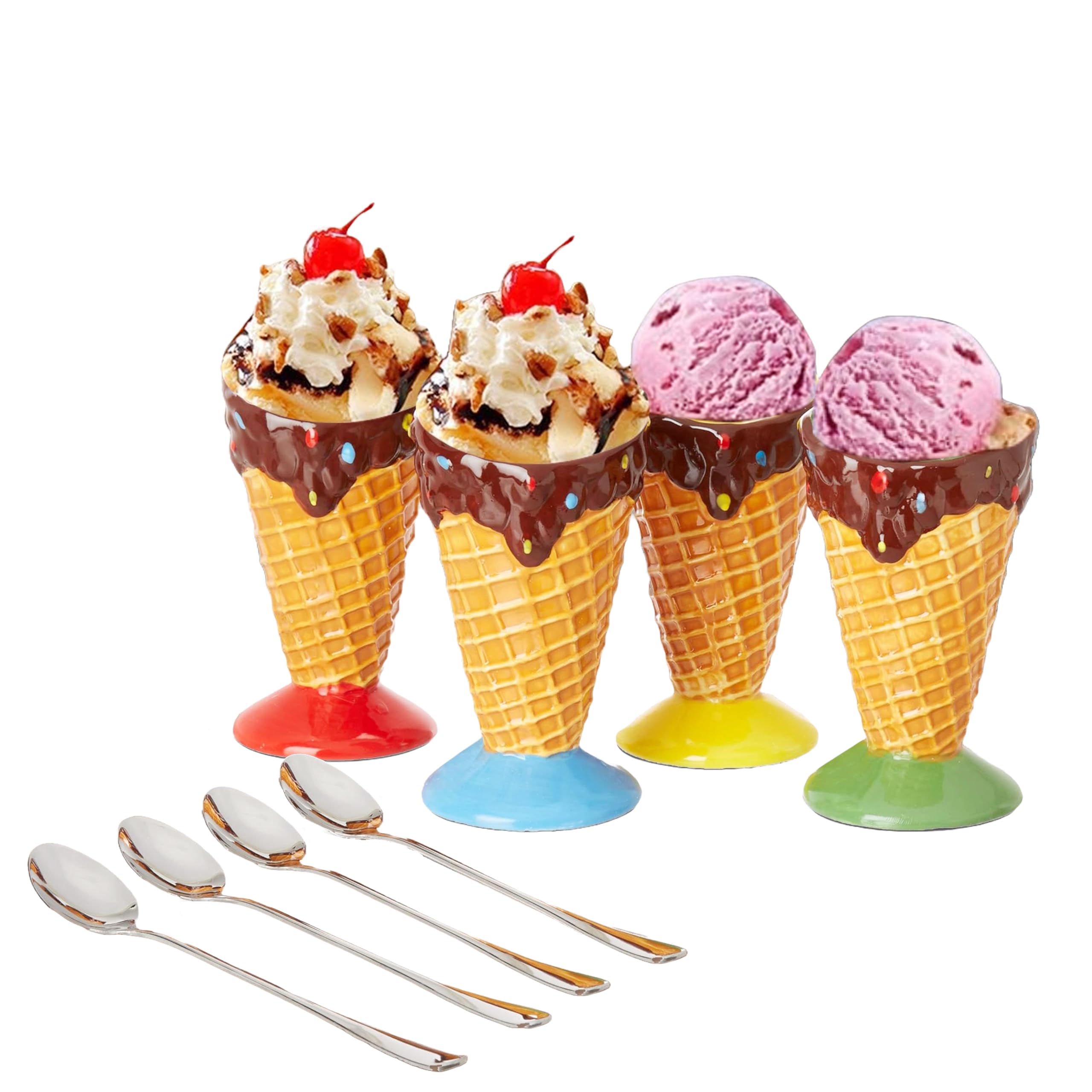 Kovot Ceramic Dessert & Ice Cream Cone Set - Includes 4 Ceramic Cones And 4 Metal Spoons
