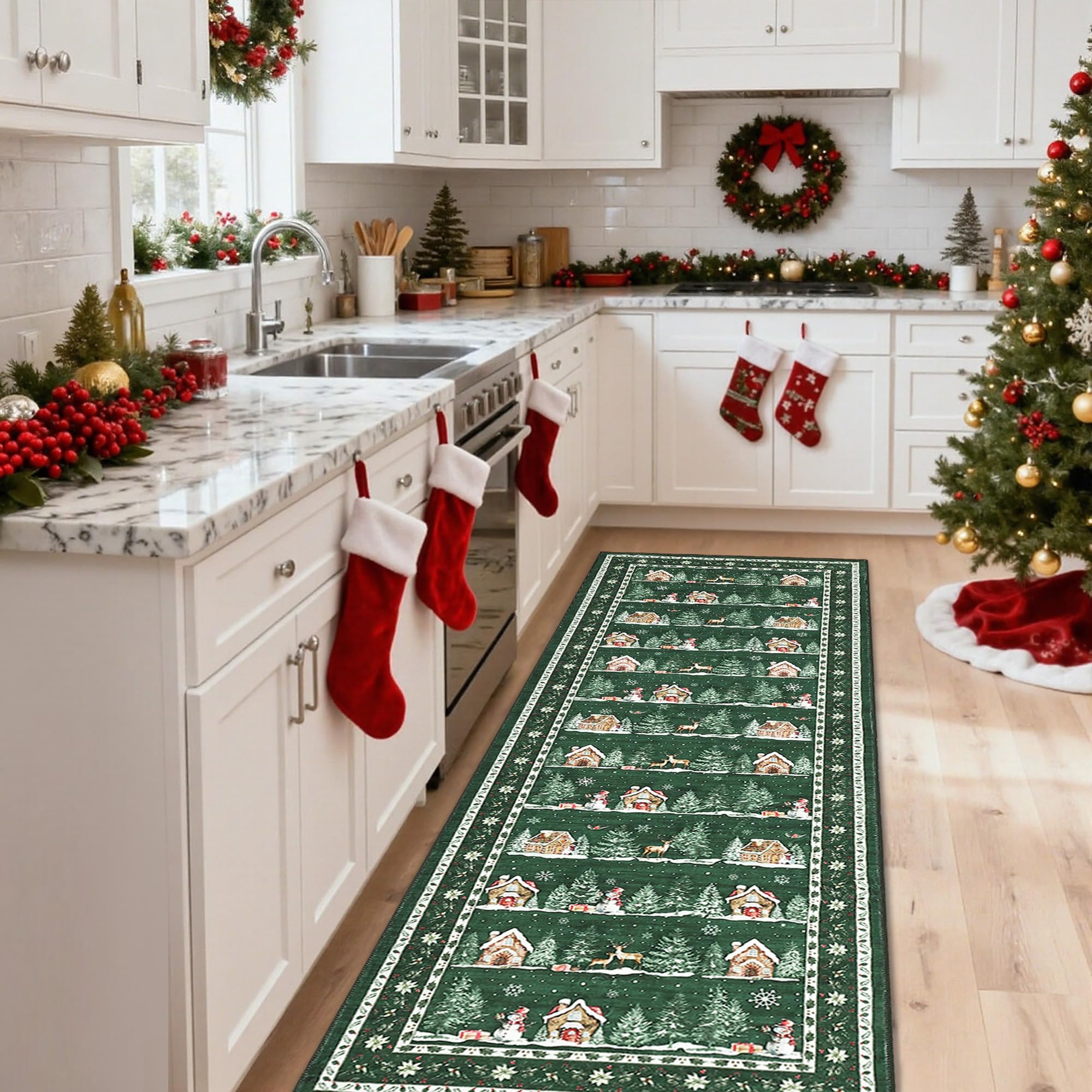 GarveeHome Christmas Runner Rug 2x10 for Entryways Non Slip Backing Machine Washable Stain Resistant Christmas Tree Green Rugs L