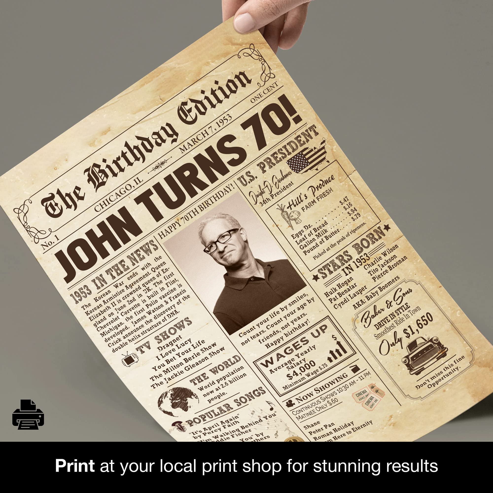 Personalized 70Th Birthday Newspaper Poster No Frame, Canvas Back In 1953 Gifts Idea Birthday, Anniversary, Custom Photo Birthda