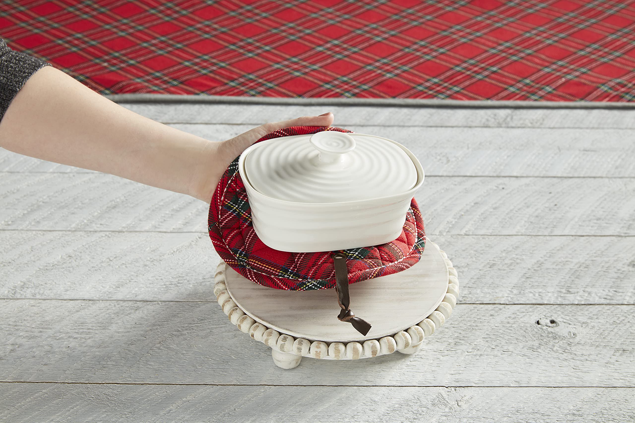 Mud Pie White Beaded Tartan Set, Trivet 2 1/2'' X 8'' Pot Holder 7 1/2'' Dia