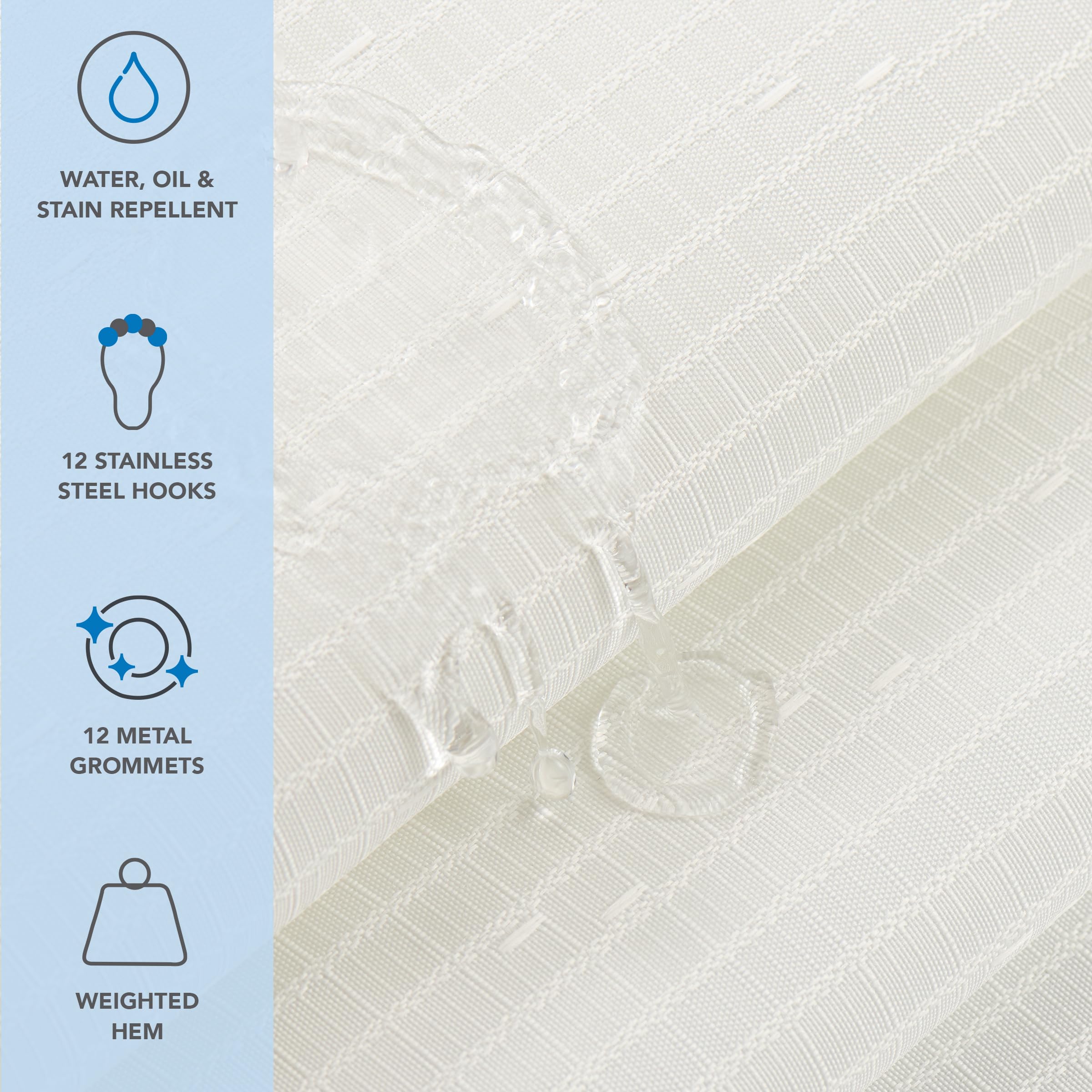 Arkwright Bathroom Shower Curtain Set - Stainless 12 Metal Hooks, Raindrop Jacquard Woven Washable Fabric With Weighted Hem & Ru