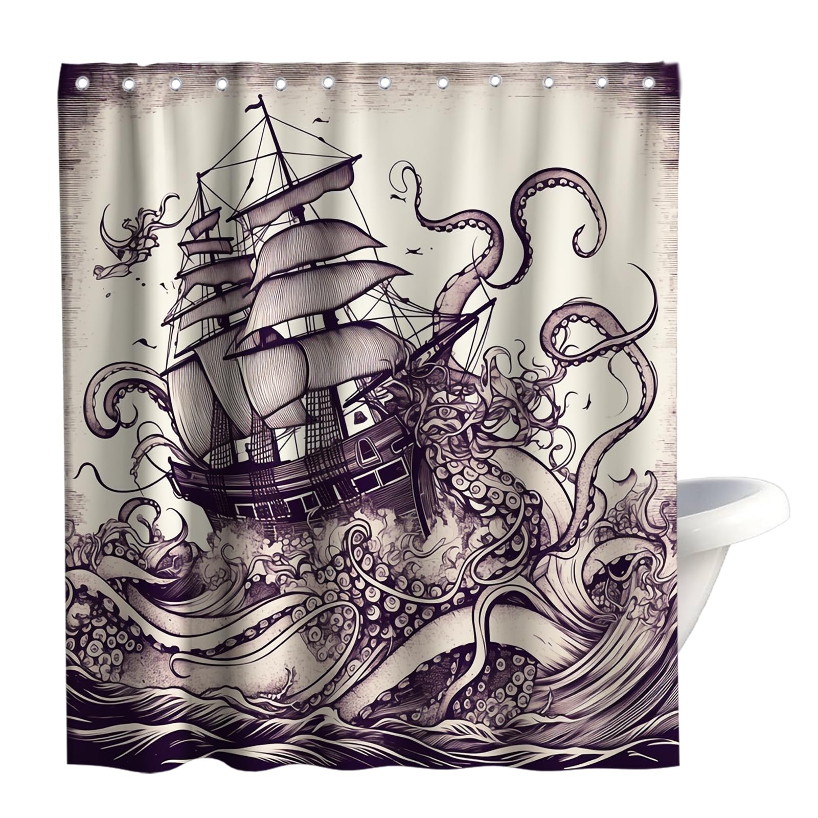 Final Friday Nautical Octopus Monster Sailboat Theme Fabric Nautical Shower Curtain Sets Ocean Bathroom Decor With Hooks Waterpr