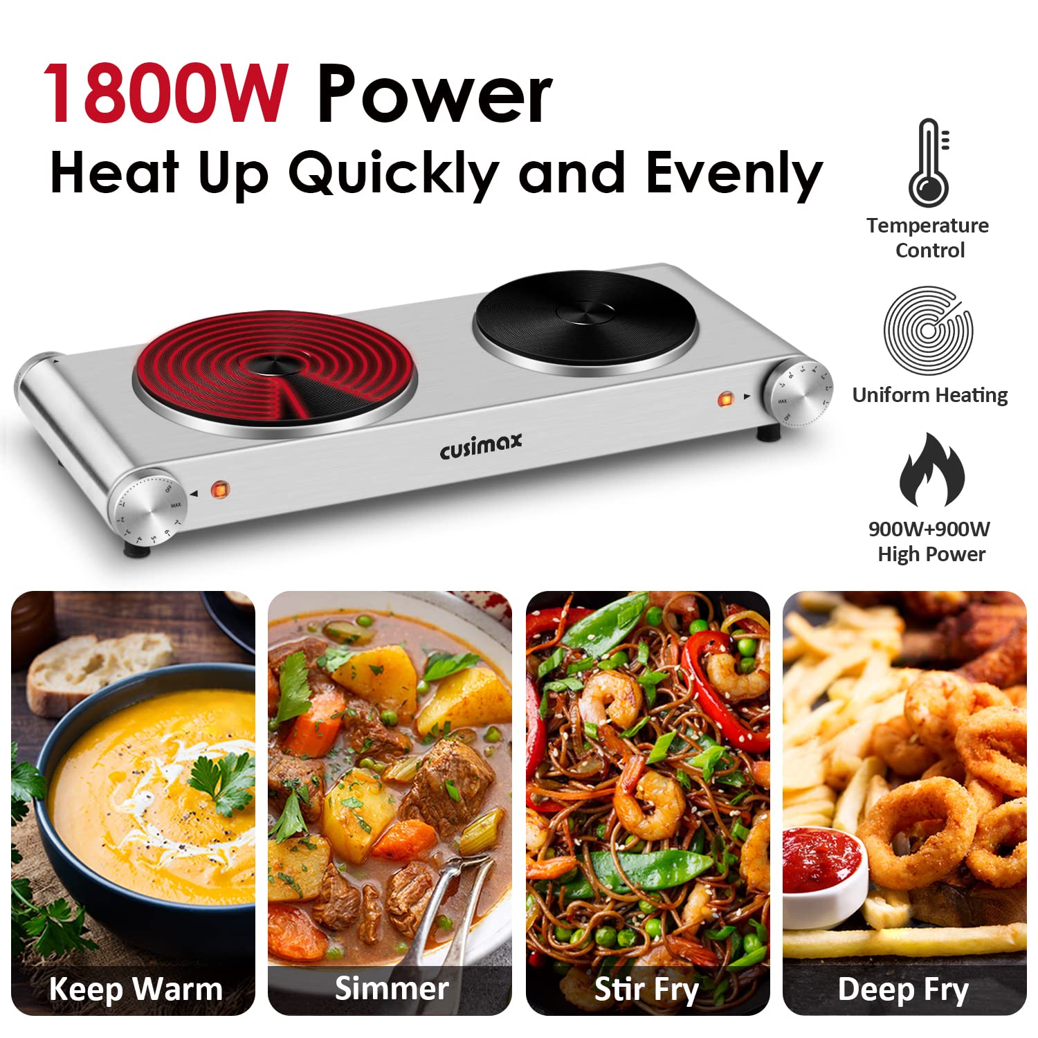 Cusimax Hot Plate, Electric Double Burner, 1800W Cast Iron Countertop Cooktop, Portable For Cooking, Compatible For All Cookware