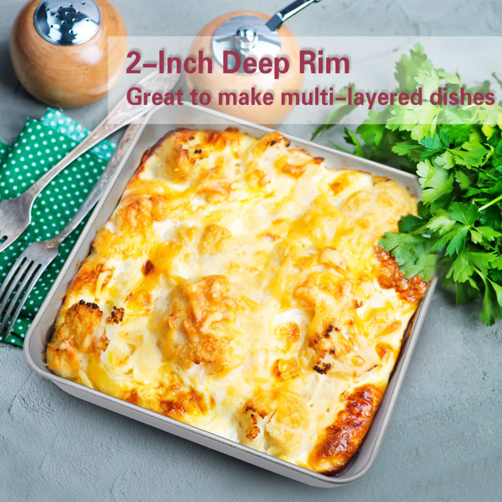 P&P Chef 8 Inch Square Baking Pan Set Of 4, Square Cake Pans, Stainless Steel Deep Bakeware For Lasagna Bread Brownie, 8     8