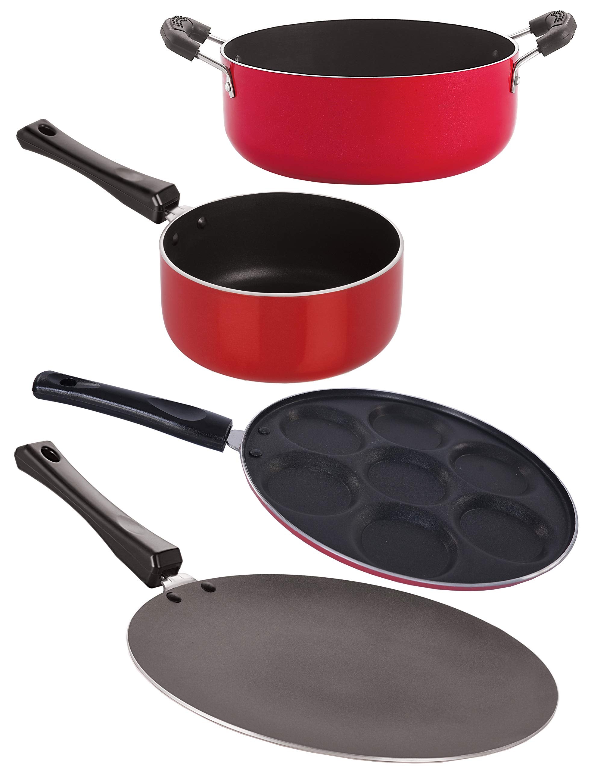 Nirlon NonStick Aluminum Cookware Set, 4Piece, Red And Black (2.6Mm_Ct11_Sp(B)_Up(7)_Cass20)