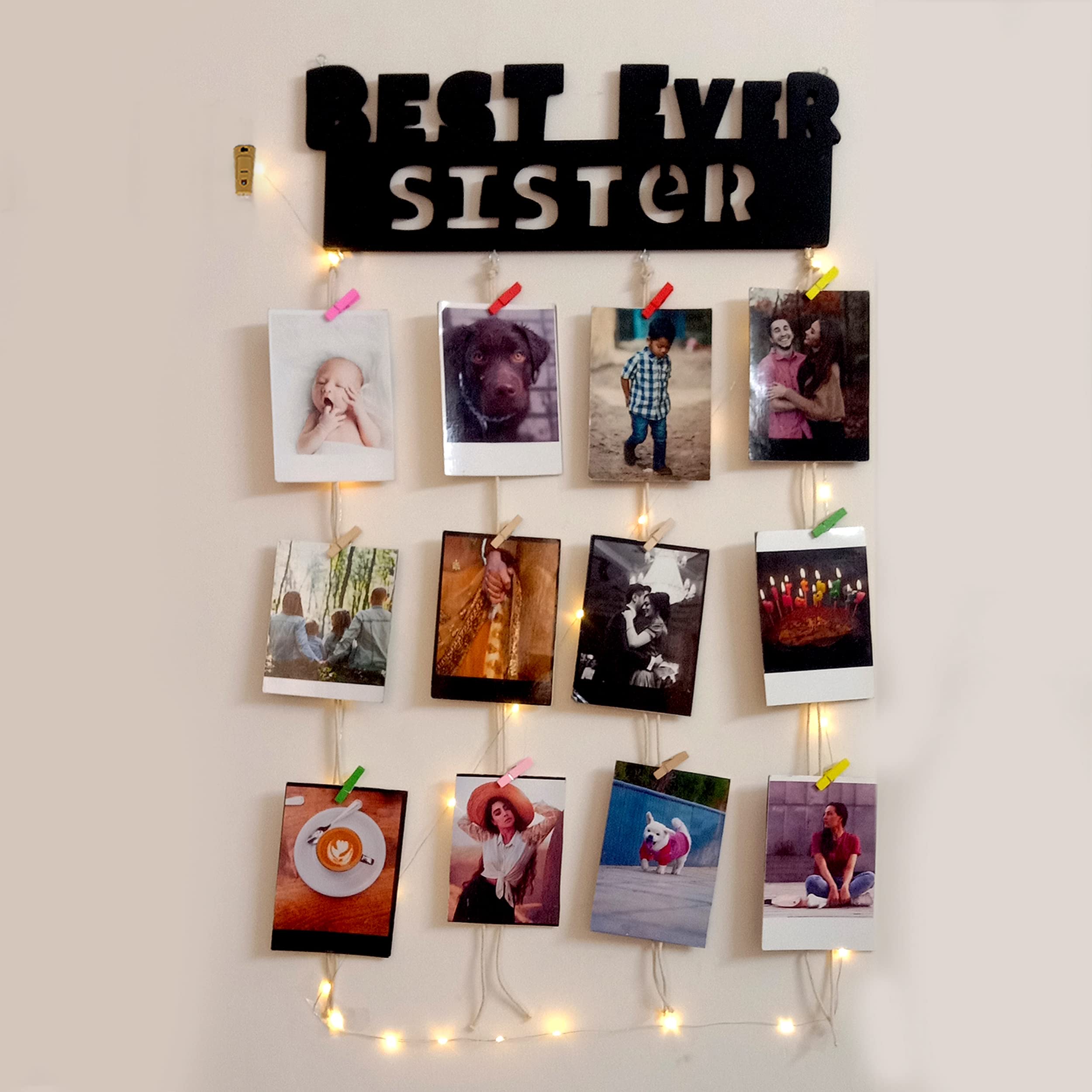 Vah Wooden Photo Frame With Led Light - Display Picture Collage Organizer With Clips (Best Sister Ever With Light)