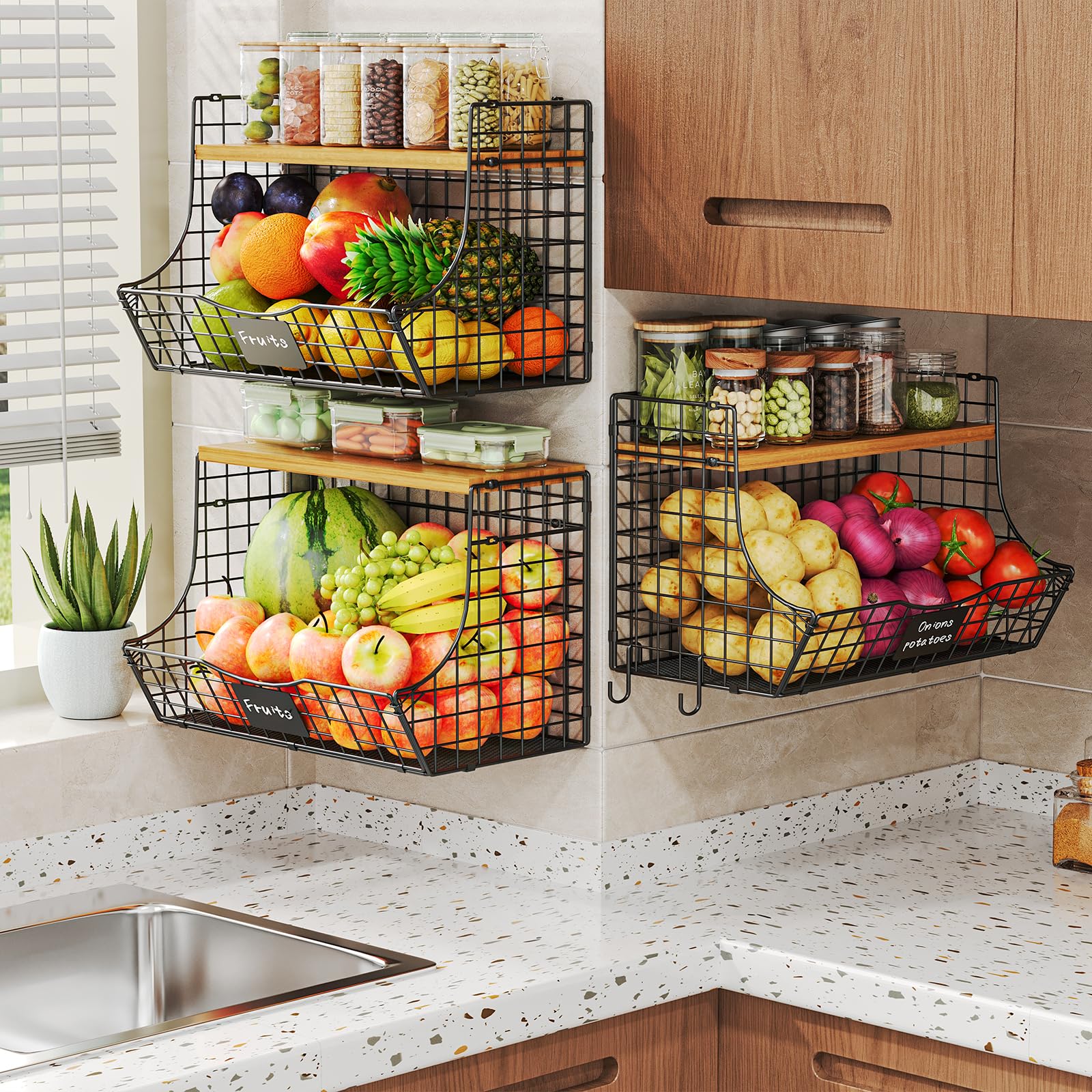 Extra Large Fruit Basket for Kitchen with Wood Lid Nameplate - Counter&Wall Mounted Onion and Potato Storage Bin, Stackable Meta