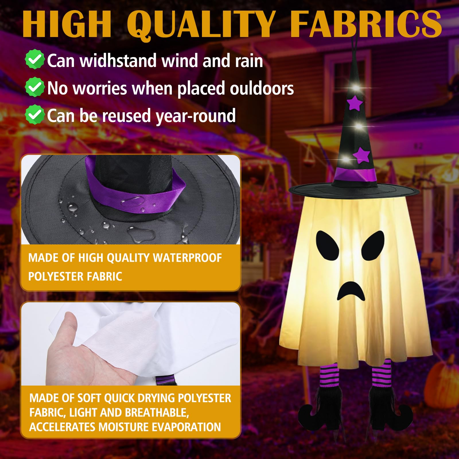 3 PCS Glowing Halloween Hanging Ghosts with Witch Hats,Halloween Outdoor Decor for Yard, Patio, Garden & Trees