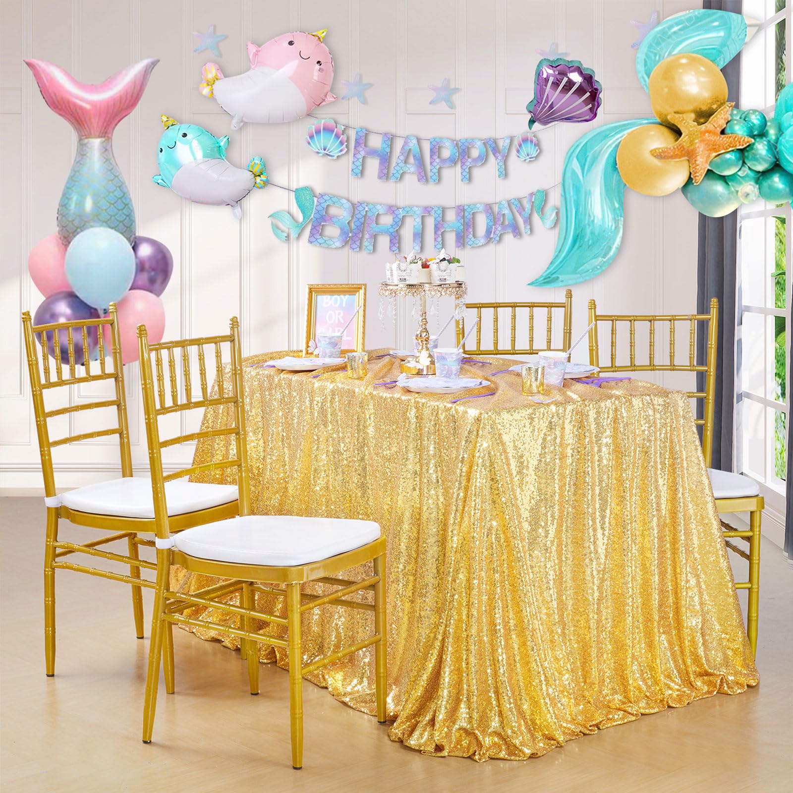Queendream Gold Sequin Tablecloth 60X102 Inch Sparkly Gold Wedding Tablecloth For Baby Shower Birthday Christmas Party Decoratio