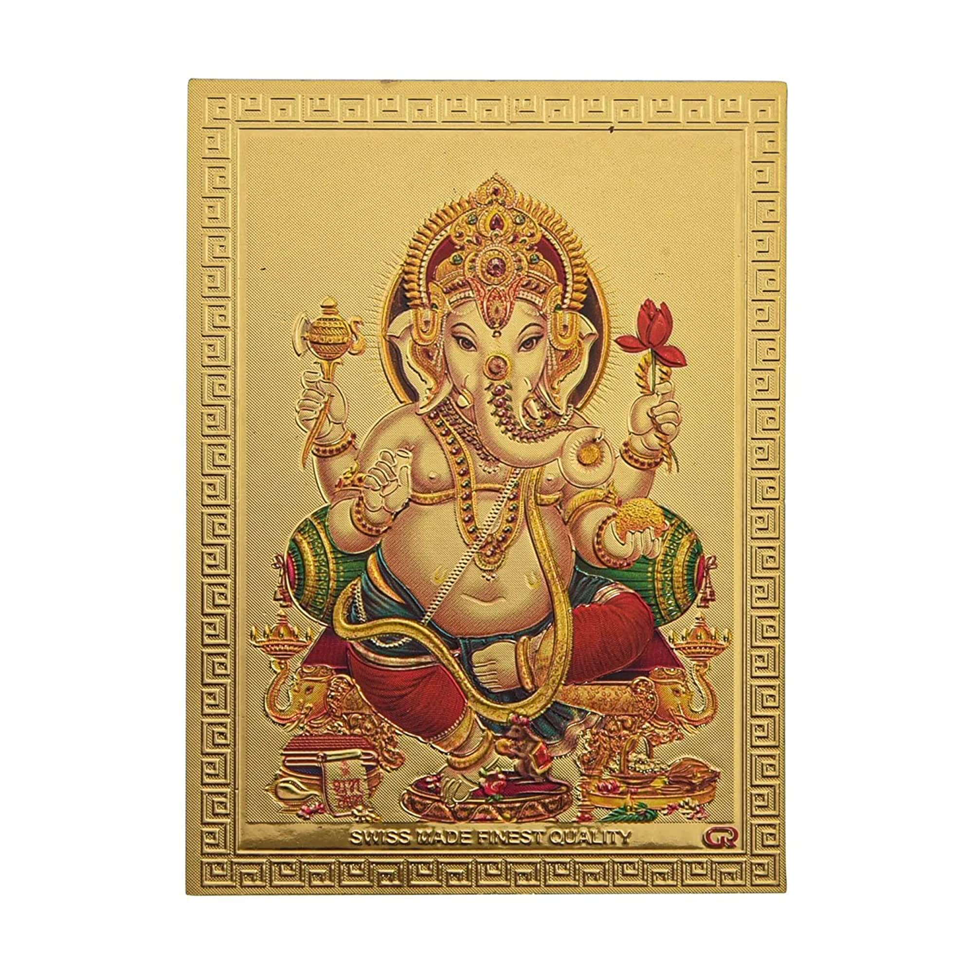 Hawai Small Pocket Size Gold Plated Lord Ganesh Laxmi Poster Sticker Combo Set For Worship Use, 8.5X6 Cm, Sfdi46_54