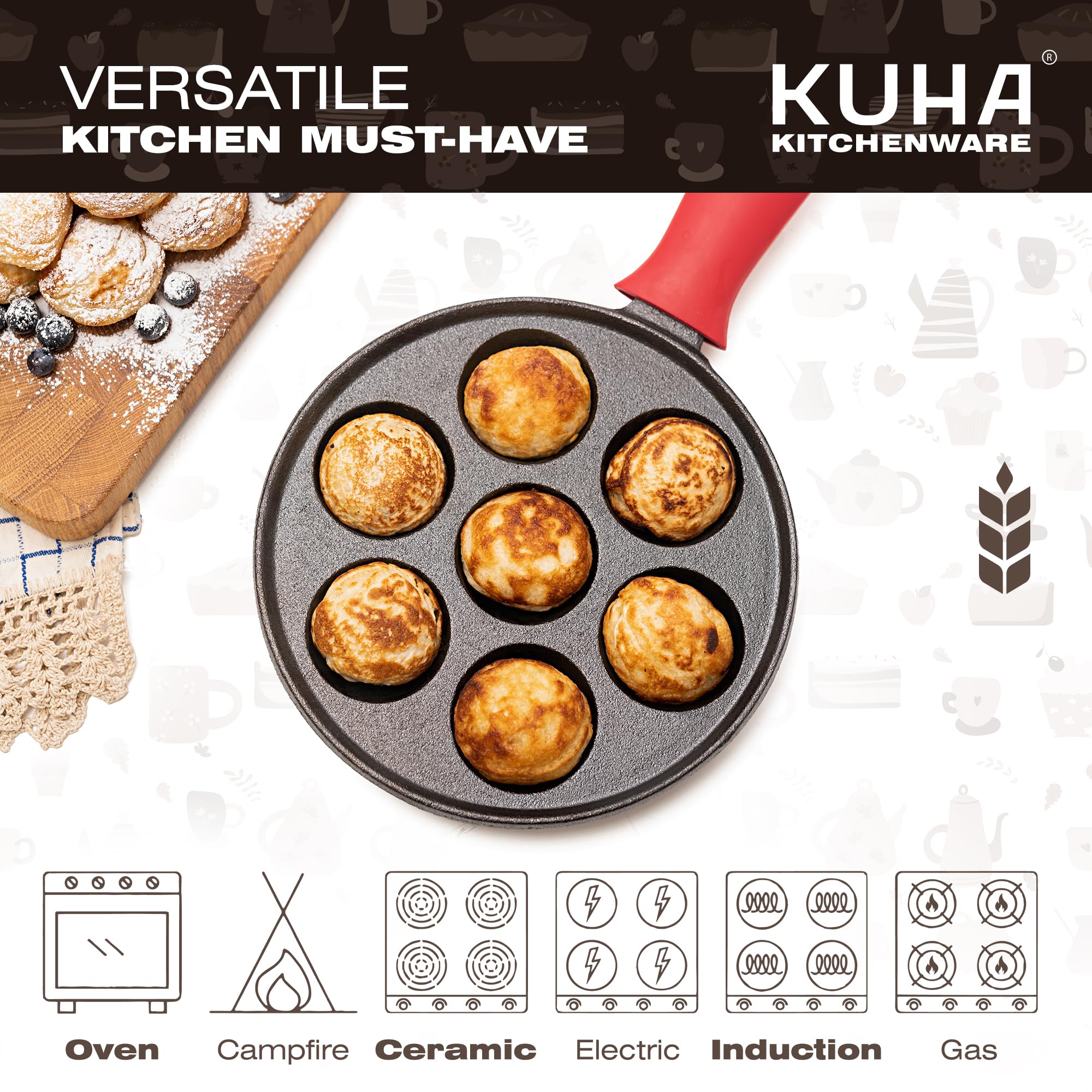 KUHA Aebleskiver Pan - Non-Stick Cast Iron Pancake Maker for Danish Treats, Electric Stovetop Compatible