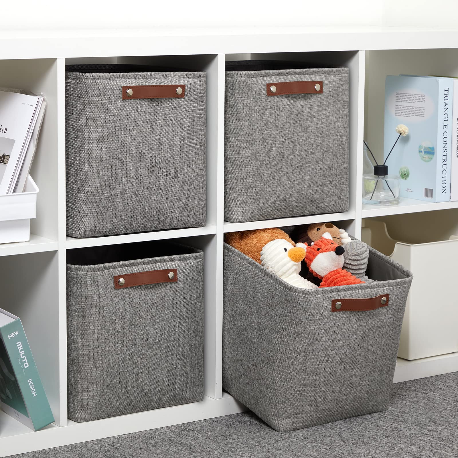 DULLEMELO 12 inch Cube Storage Bins  Large Collapsible Grey Storage Baskets for Square Cubes Organizing  Fabric Boxes Bins for Shelves Nursery Home Office Storage(4 Pack - 12 '' Grey)