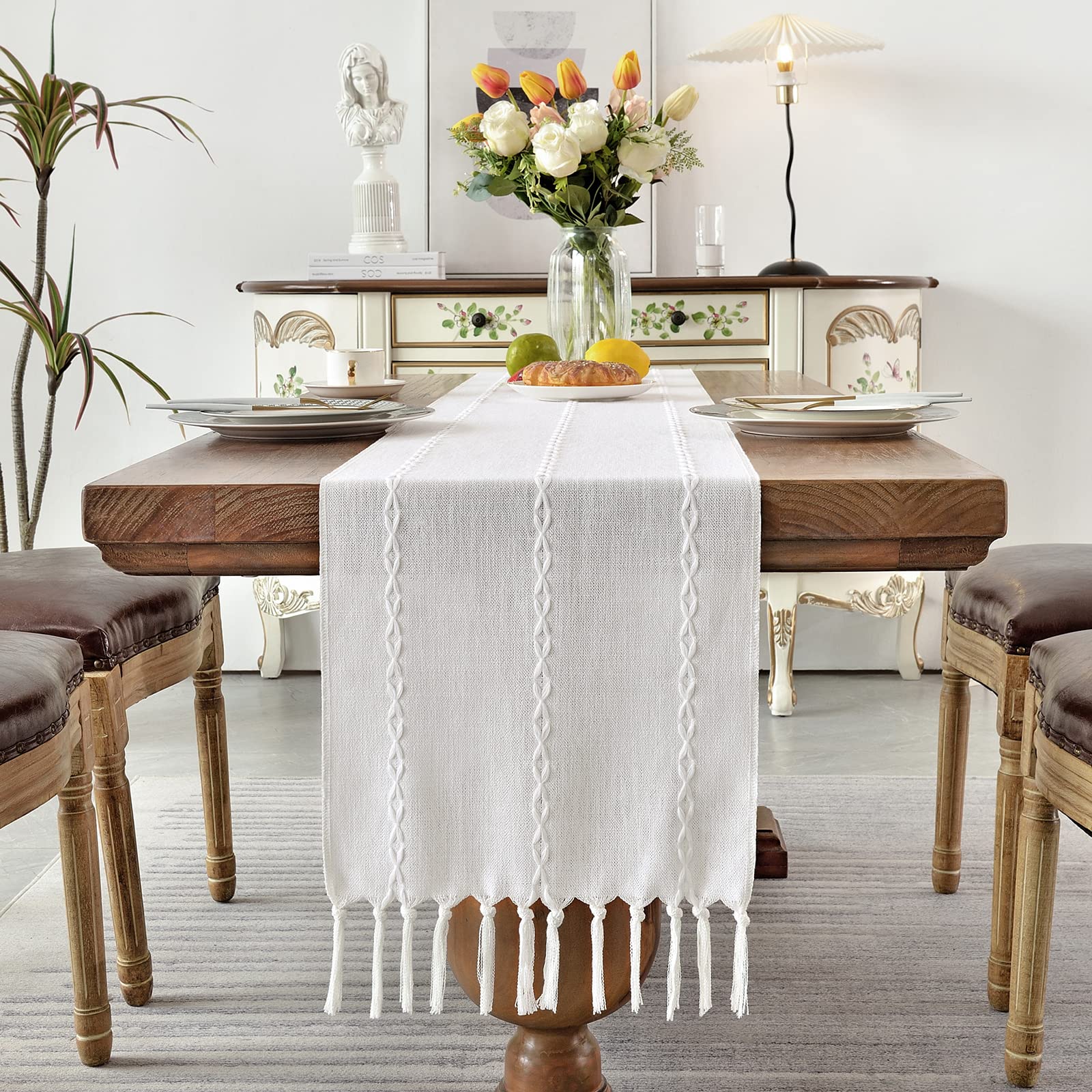 Wracra Rustic Linen Table Runner Farmhouse Style Table Runners 60 Inches Long Embroidered Table Runner With Hand-Tassels For Par