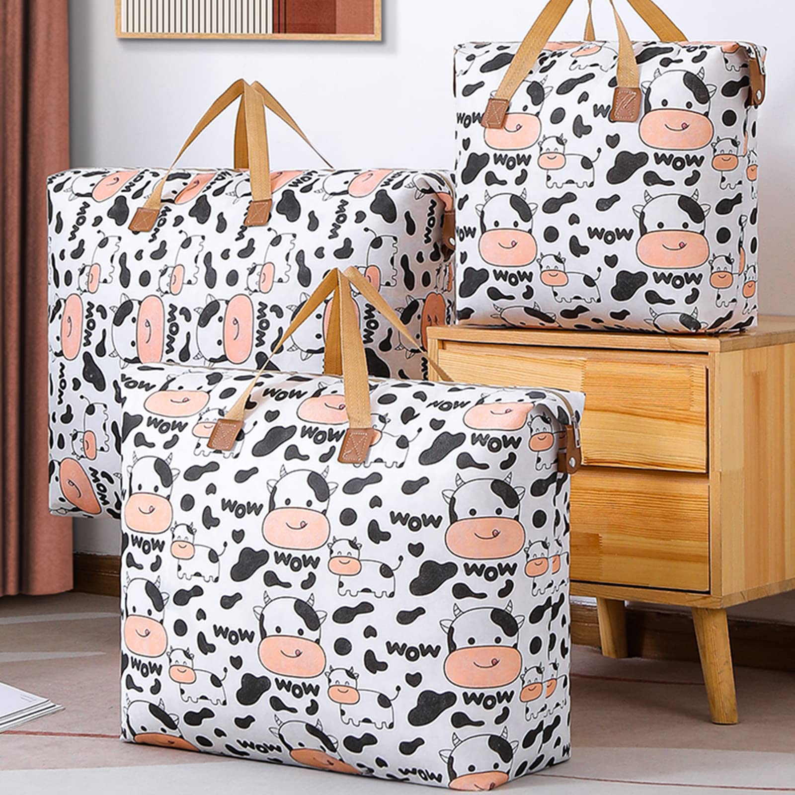 Wolpin Non-Woven Extra Large Size Underbed Storage Bag Waterproof (81 X 24 X 64 Cm) - Zippered Closure & Handle Cow Print, Recta