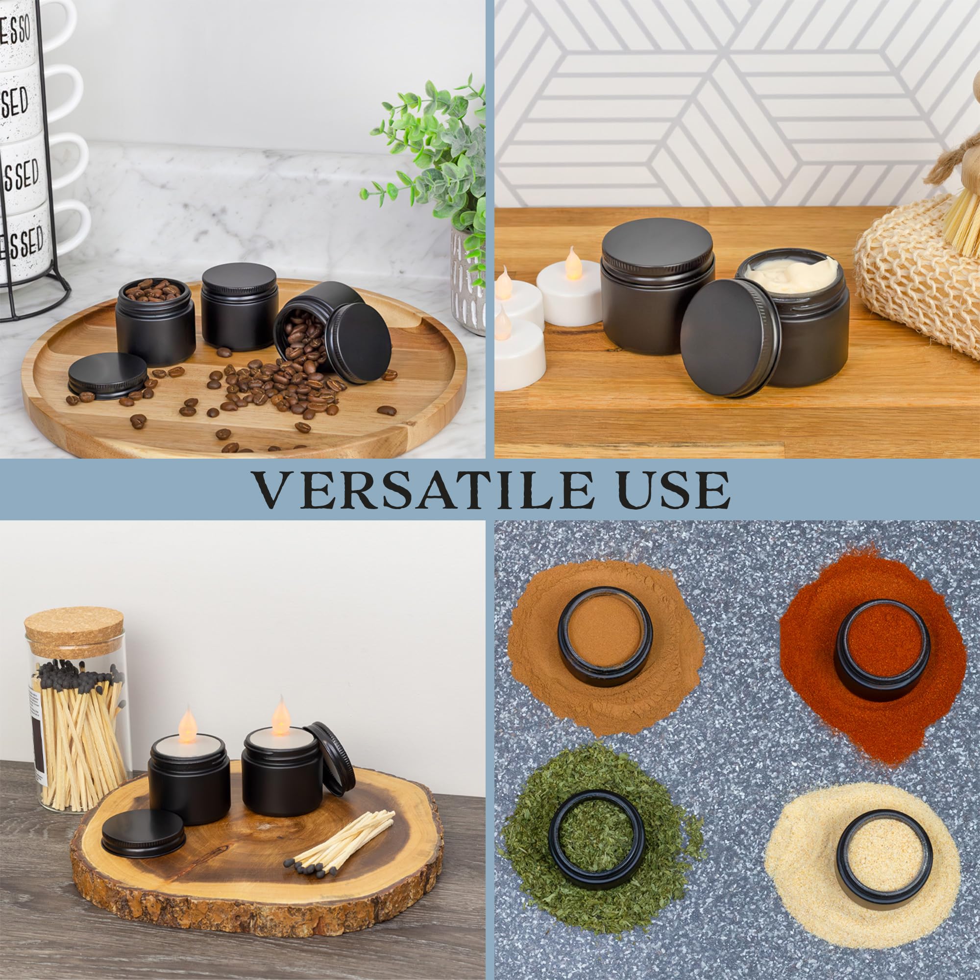 Cornucopia 2-Ounce Black Coated Glass Jars (12-Pack); Cosmetic Jars With Black Metal Lids And Black Matte Exterior