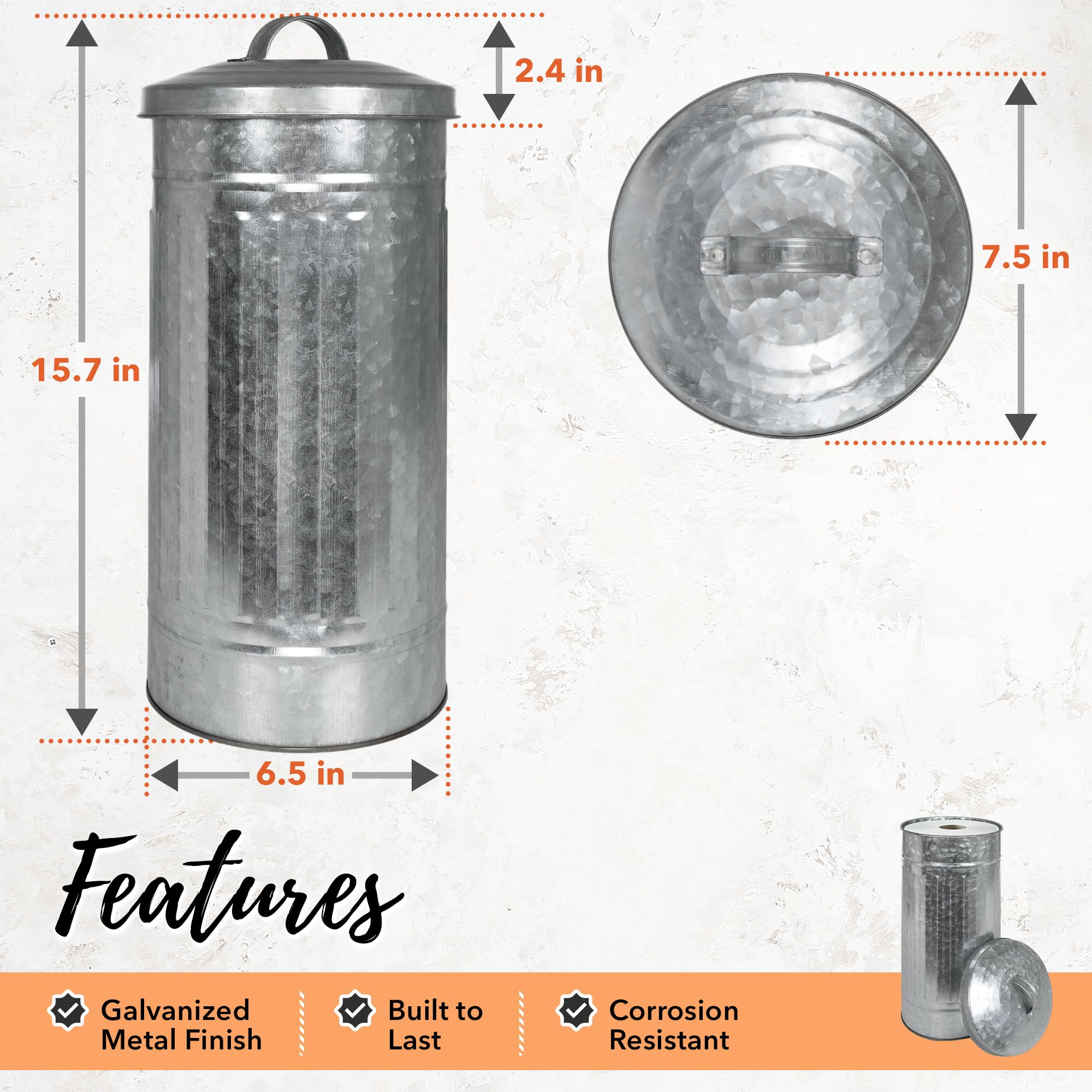 Autumn Alley Farmhouse Galvanized Metal Free Standing Toilet Paper Holder Organizer Stand Canister with Lid - Fits 3 Mega Rolls  Rustic Behind/Beside Toilet Storage Stand