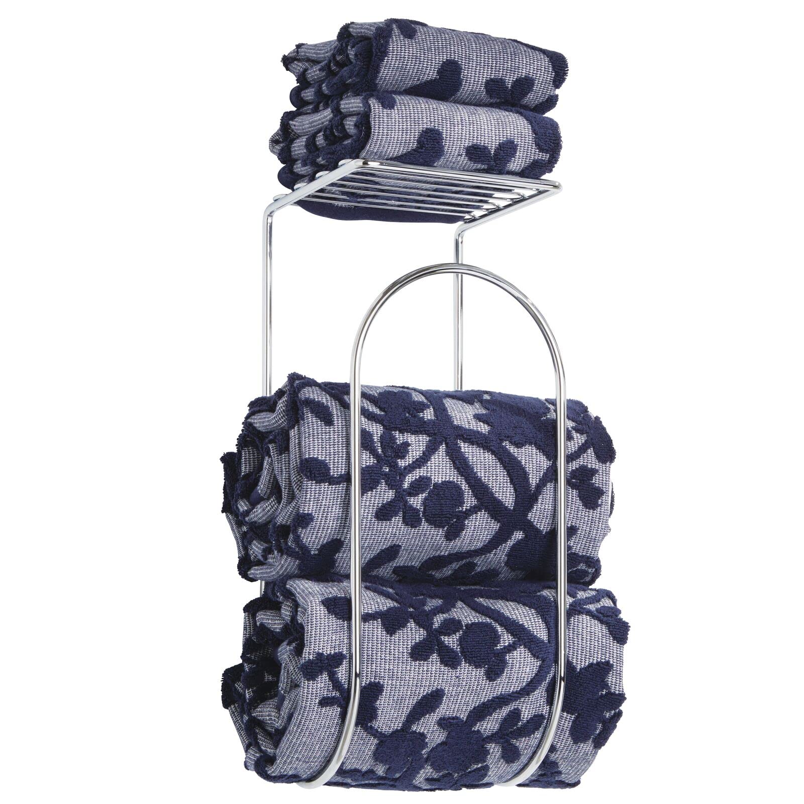 Mdesign Modern Metal Wire Wall Mount Towel Rack Holder And Organizer With Storage Shelf - For Bathroom Towels, Washcloths, Hand