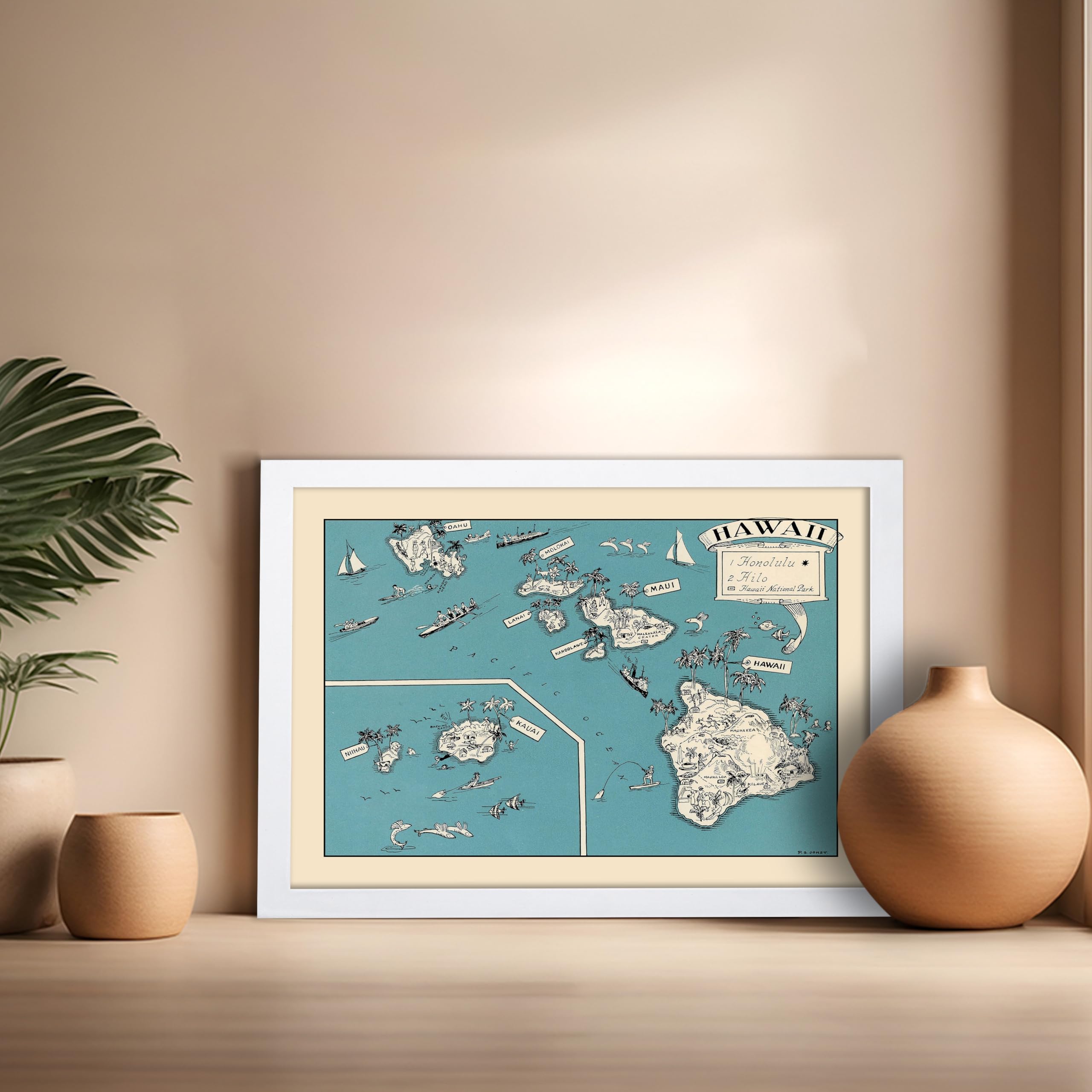Poster Master Hawaii Travel Poster - Aqua Turquoise 1930S Vinateg Map Print - Unique Wall Decor Gift For Home, Living Room, Kitc