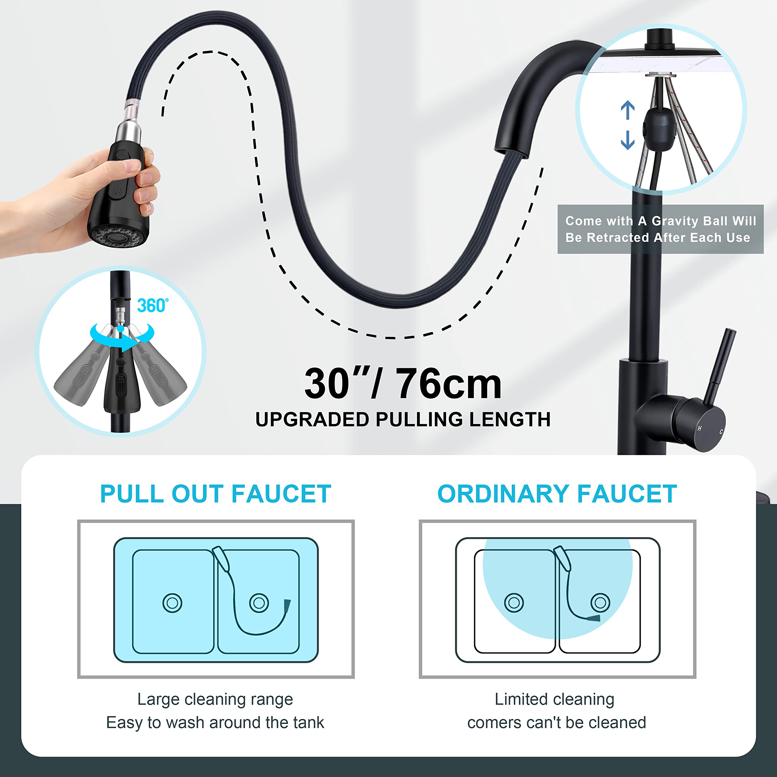 Herogo Kitchen Faucets With Pull Down Sprayer Matte Black, Stainless Steel High Arc Single Handle Modern 3-Function Pull Out Kit