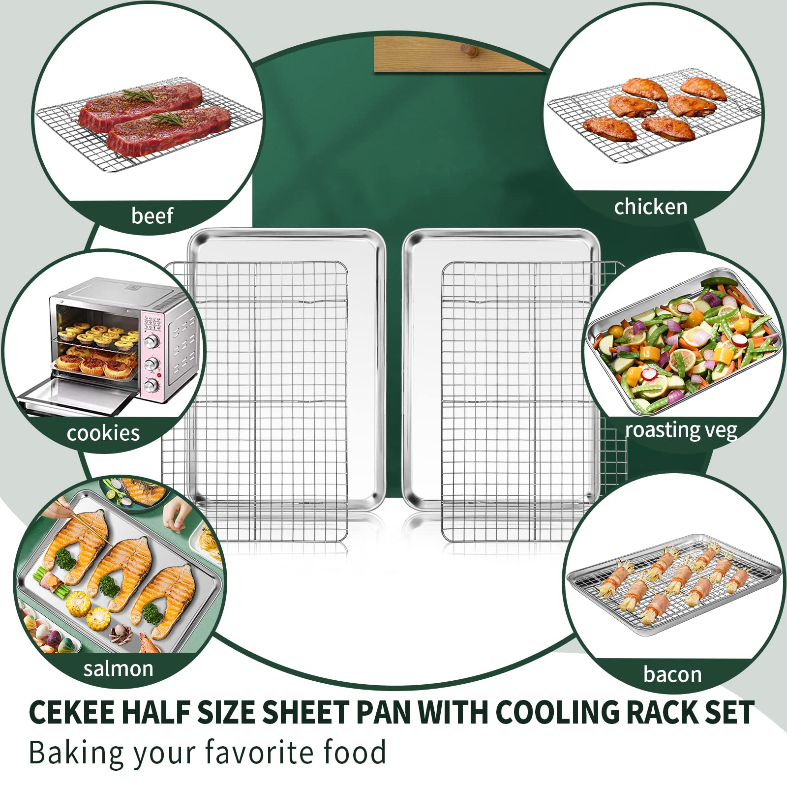 Half Sheet Pans With Rack Set [2 Pans + 2 Racks], Cekee Stainless Half Size Large Baking Sheets With Rack -18 Inch Baking Tray S