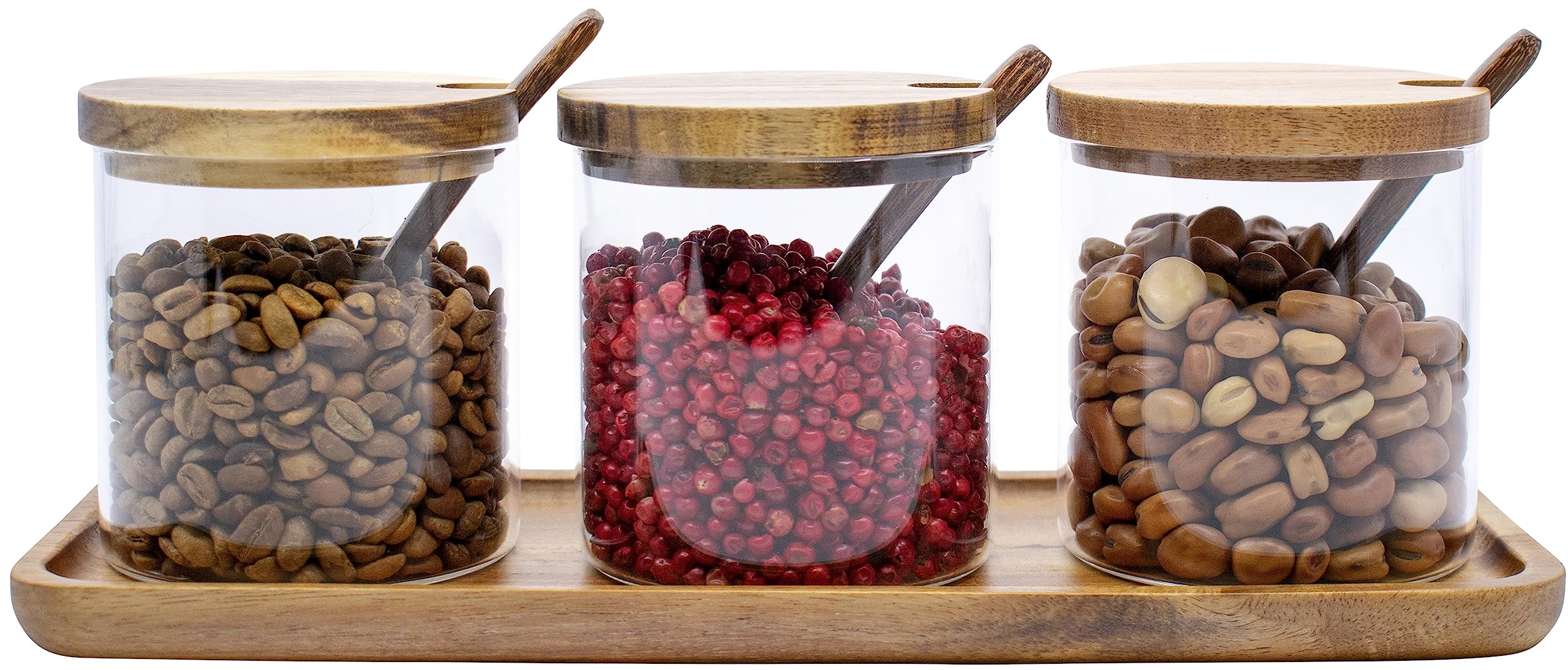 Stephanie Imports Set of 3 Glass Condiment Spice Jars With Bamboo Lids, Spoons and Tray