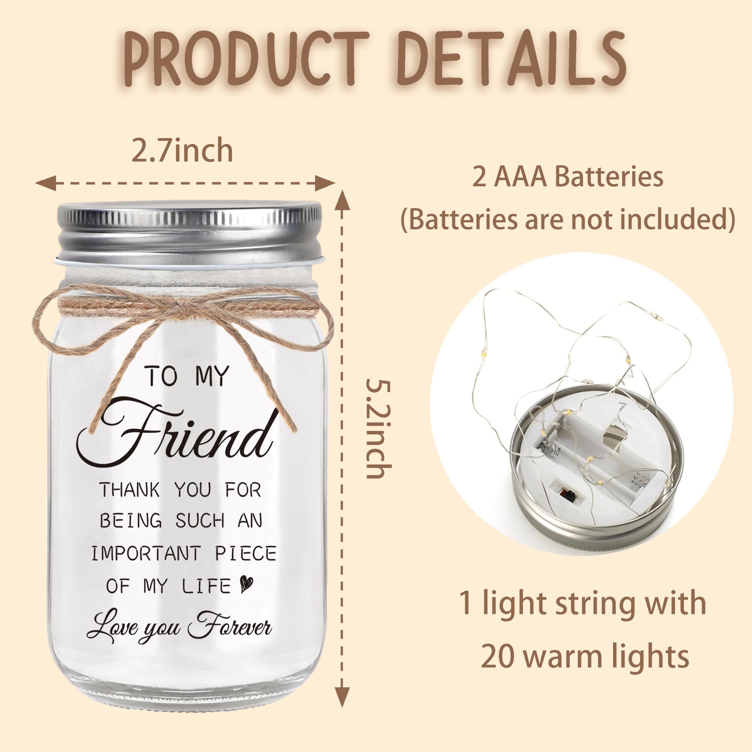 YOISTREVISK Friendship Gifts for Women, Mason Jar Night Lights for Friend, Gifts for Friends Best Friend Birthday Gifts, Thankgi