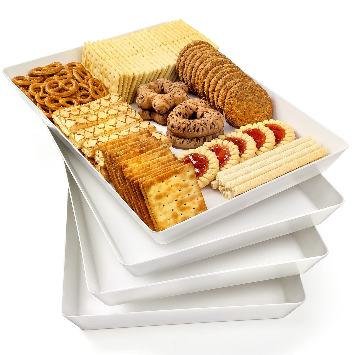 4-Pack 16'' X 11'' Large White Serving Trays Set - Reusable Plastic Serving Platters For Cookie, Appetizer, Charcuterie, Snack,