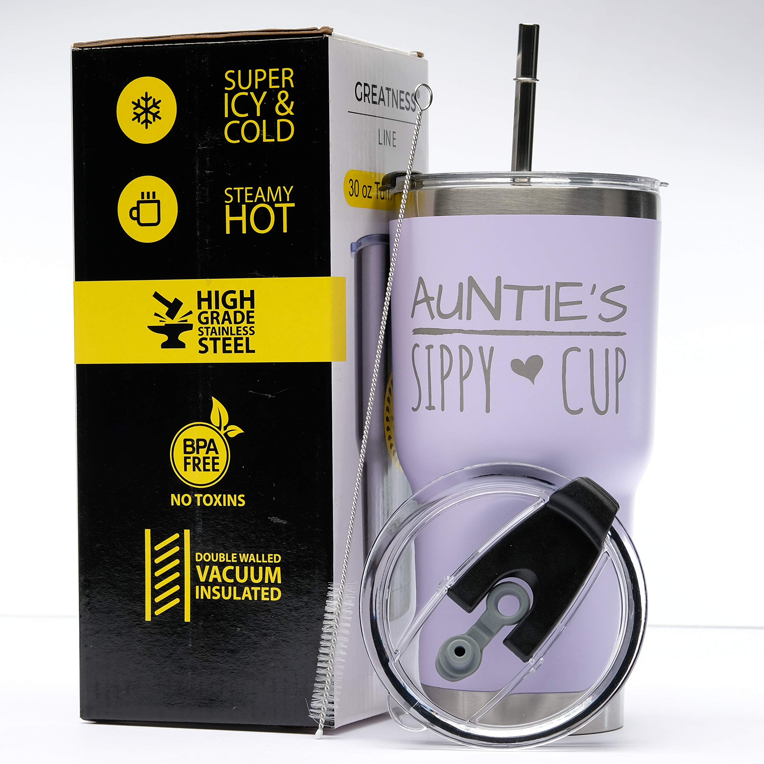 Greatness Line Auntie'S Sippy Cup 30 Oz. Lavender Stainless Steel Tumbler Value Pack With 2 Lids And Extra Ss Straw - Ideal Gift