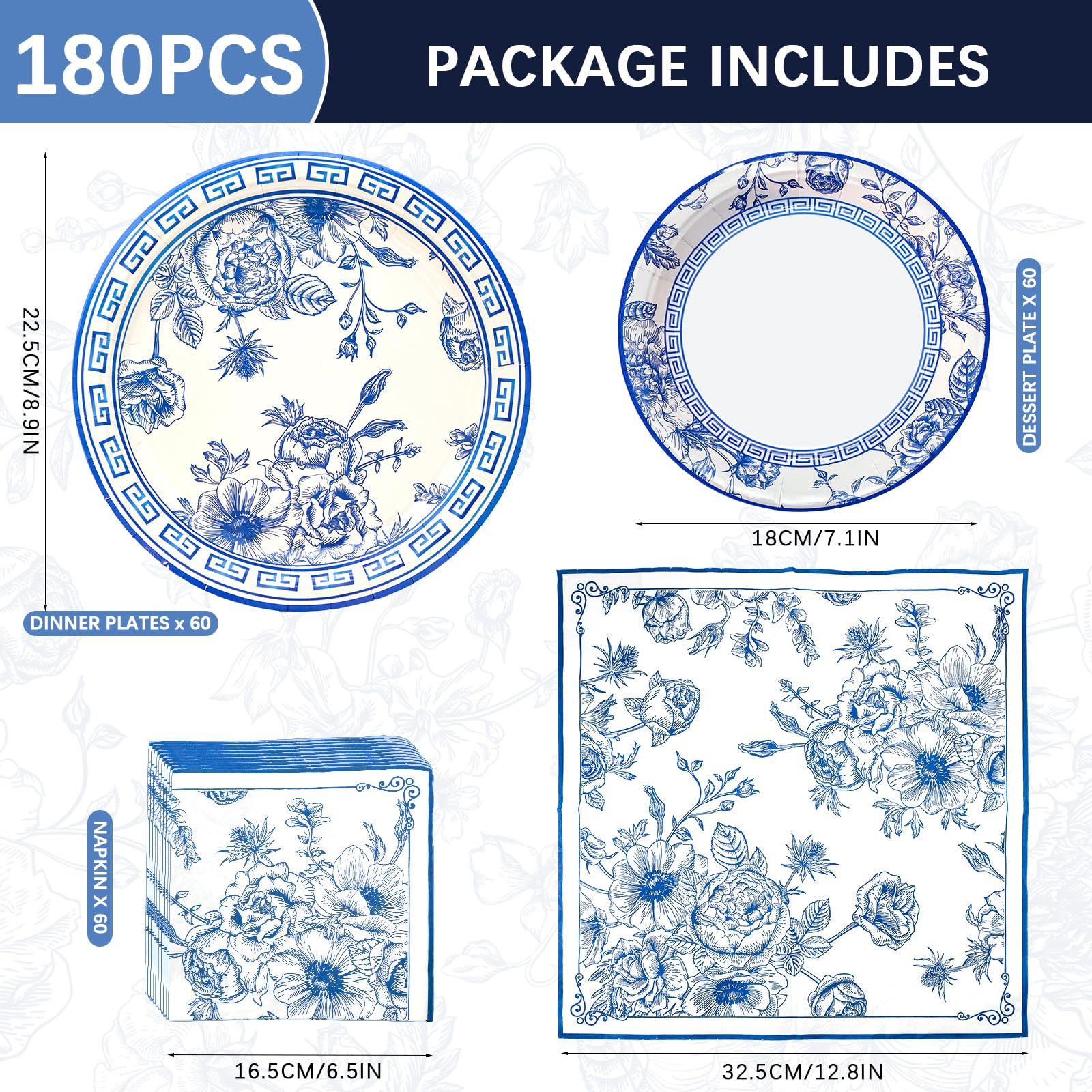 180Pcs Blue White Floral Party Supplies Serve 60, Blue Flower Party Paper Plates And Napkins Kit For Bridal Baby Shower Wedding