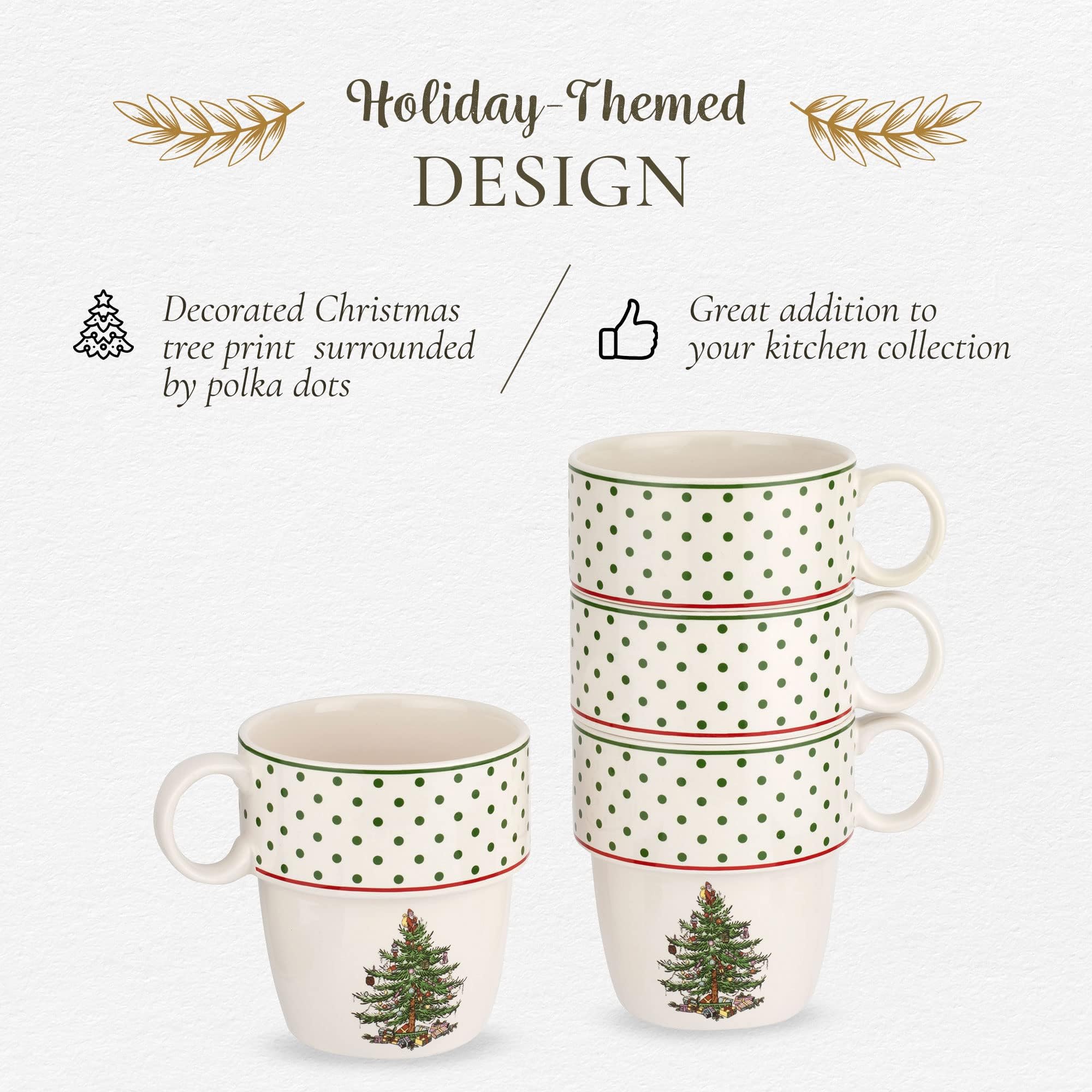 Spode Christmas Tree Polka Dot Stackable Mugs, Set Of 4 - Festive 10Oz Mugs For Hot Chocolate And Coffee, Space-Saving Design, D