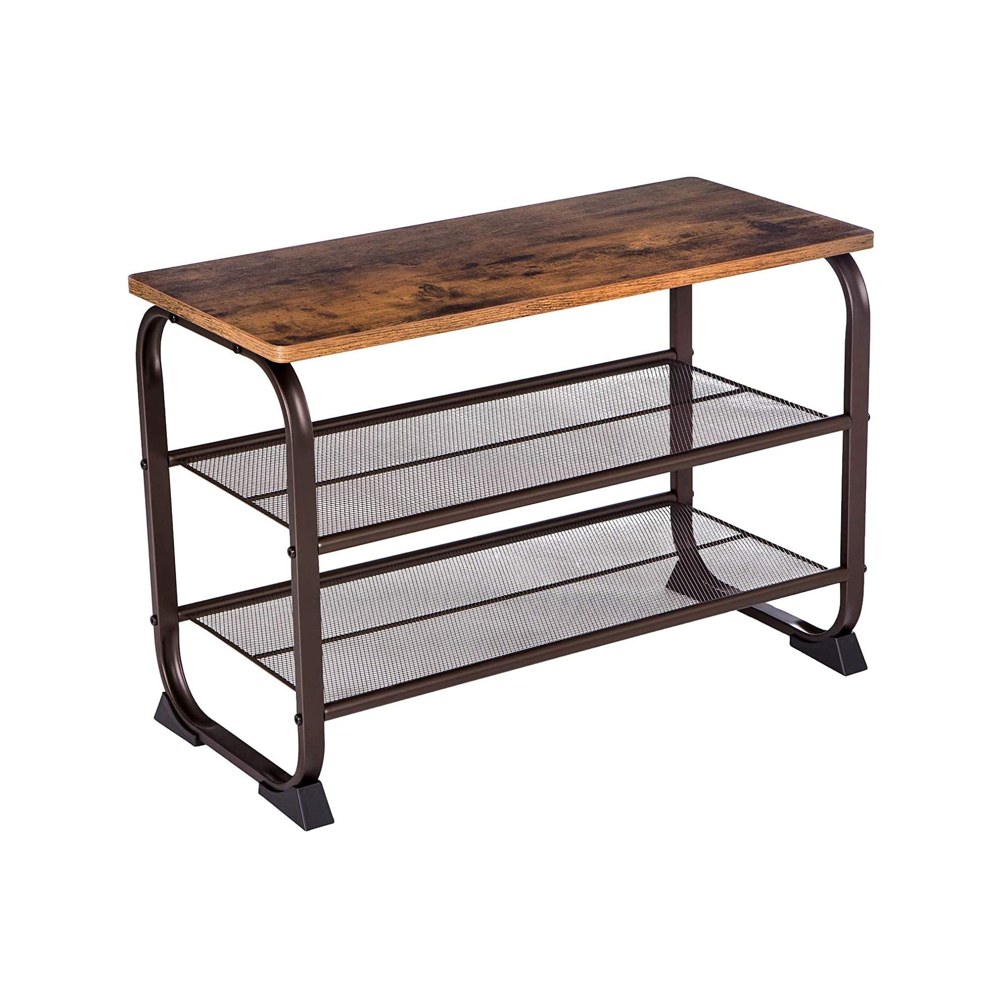 Benjara Industrial 3 Tier Wood Top Shoe Rack with Metal Base, Black and Brown