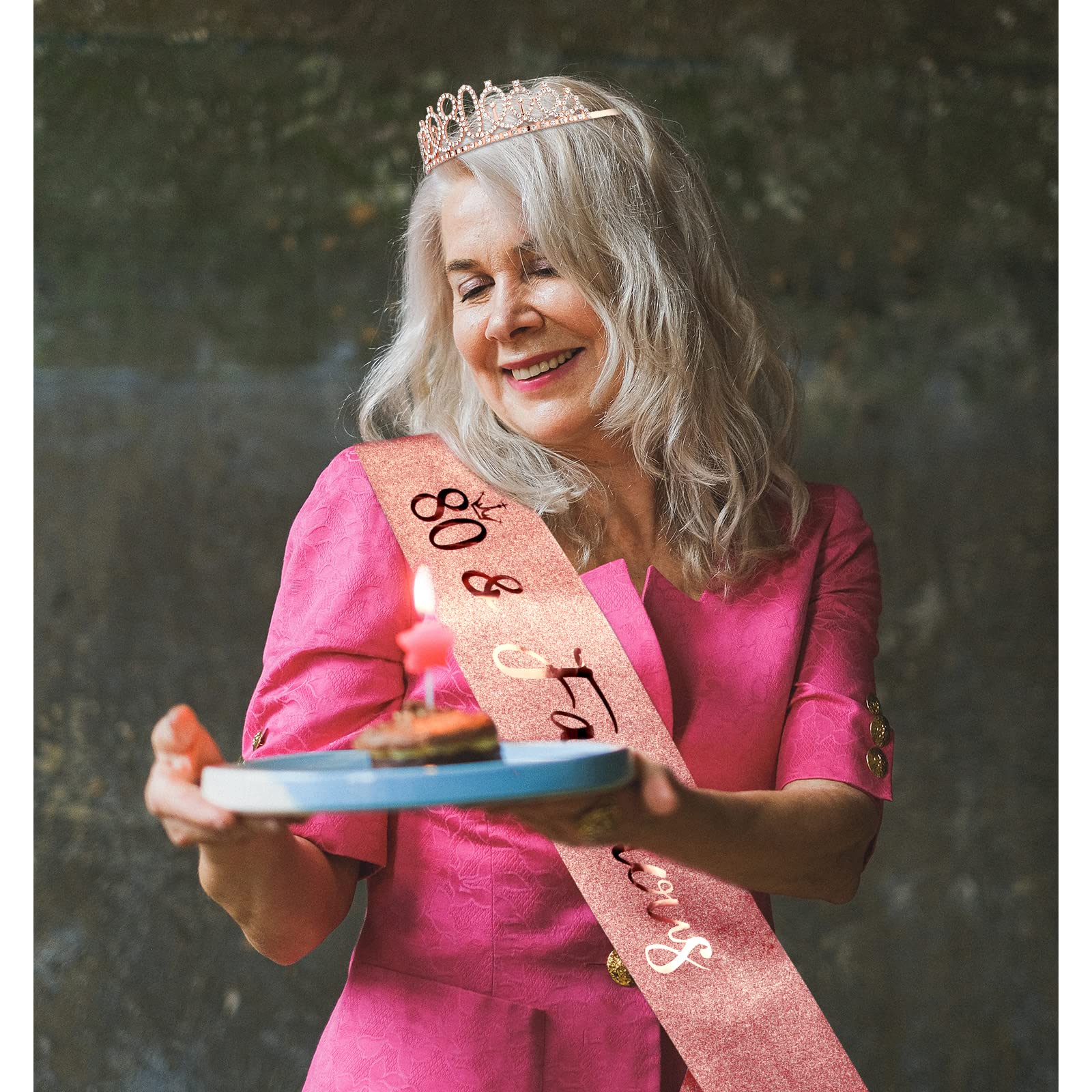 Cieher 80Th Birthday Crown + Sash + Pearl Pin Set, Elegant Gift For Women 'S 80Th Birthday Party Decorations