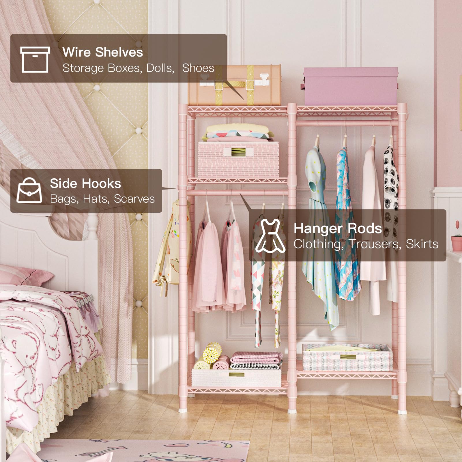 Ulif F1 Clothes Rack For Kids, Baby, Students, And Children'S Room, 4 Tiers Portable Metal Closet Clothing Rack, Small Garment R