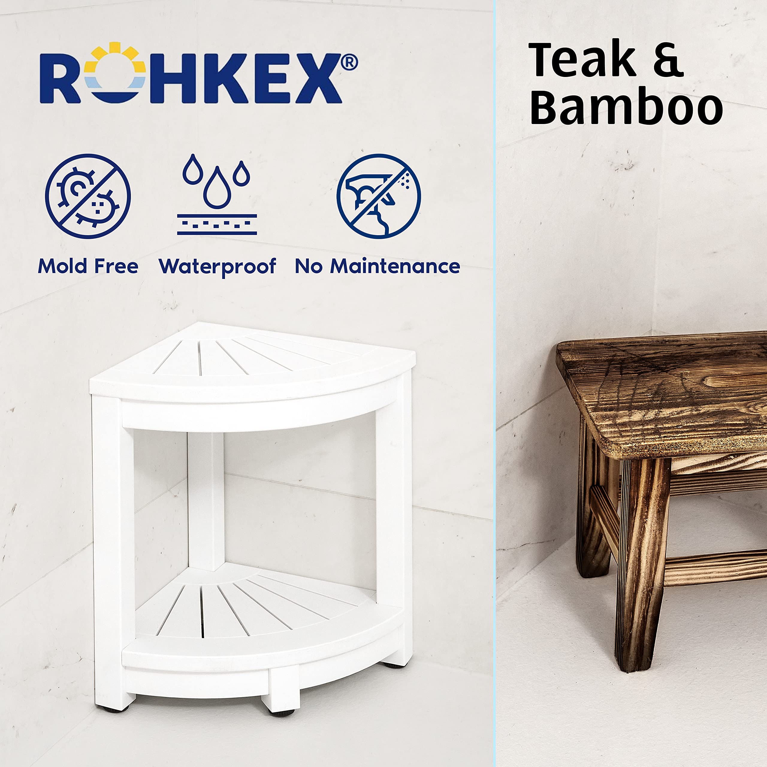 ROHKEX No-Maintenance Corner Shower Stool for Shaving Legs - Heavy-Duty Waterproof Bathroom Bench with Rubber Feet  Storage Shelf - Sustainable & Versatile for Indoor & Outdoor Use