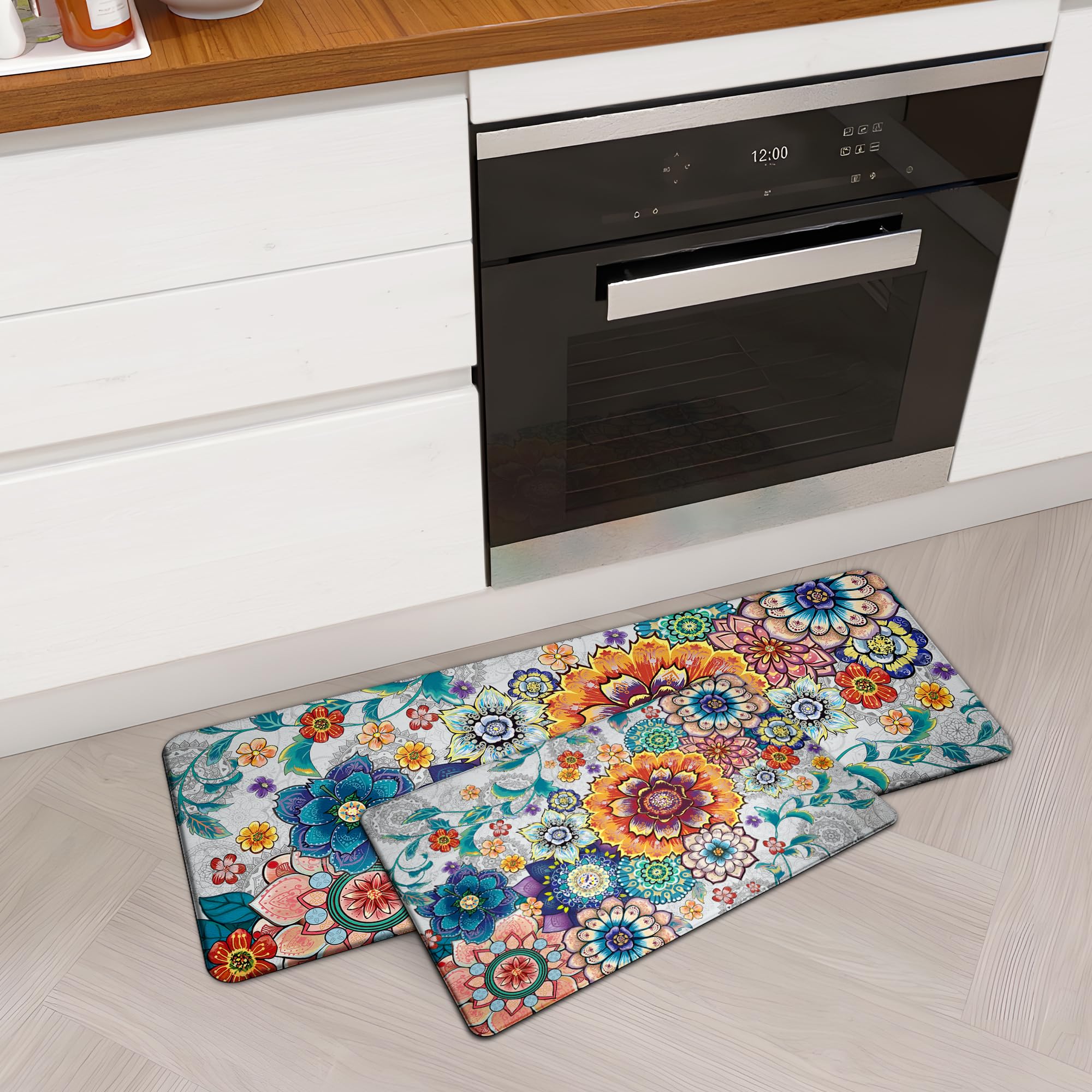 tubeamin Floral Kitchen Rugs Mats for Floor 2 Piece Flowers Anti Fatigue Kitchen Mats Non Slip Cushioned Comfort Standing Mat fo