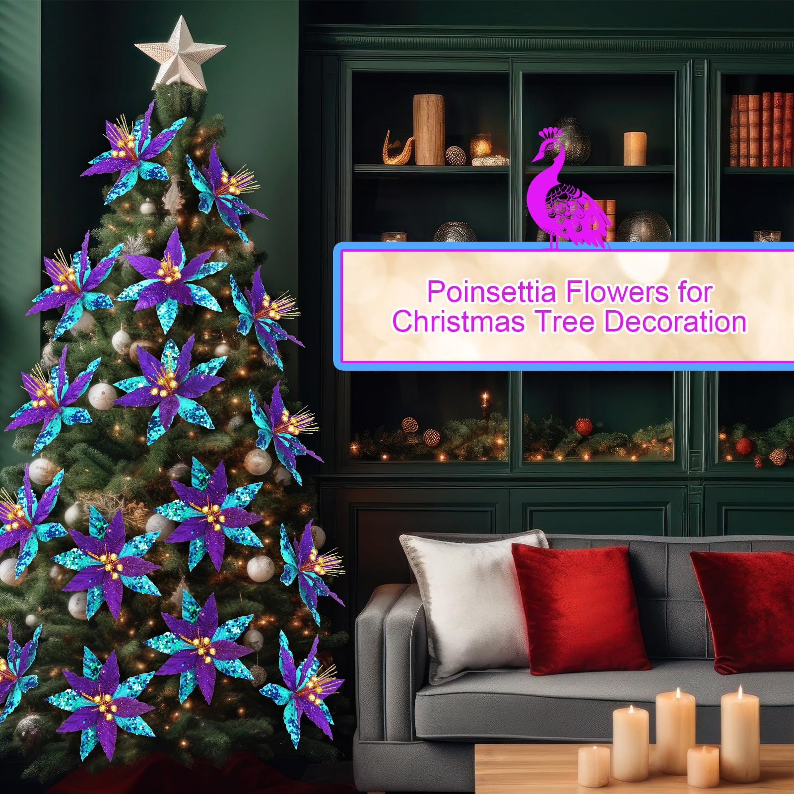 Bucherry 12 Pcs Peacock Christmas Ornaments, 6 Inch Silk Poinsettia Flowers Artificial with Clips, Glitter Purple and Blue Chris