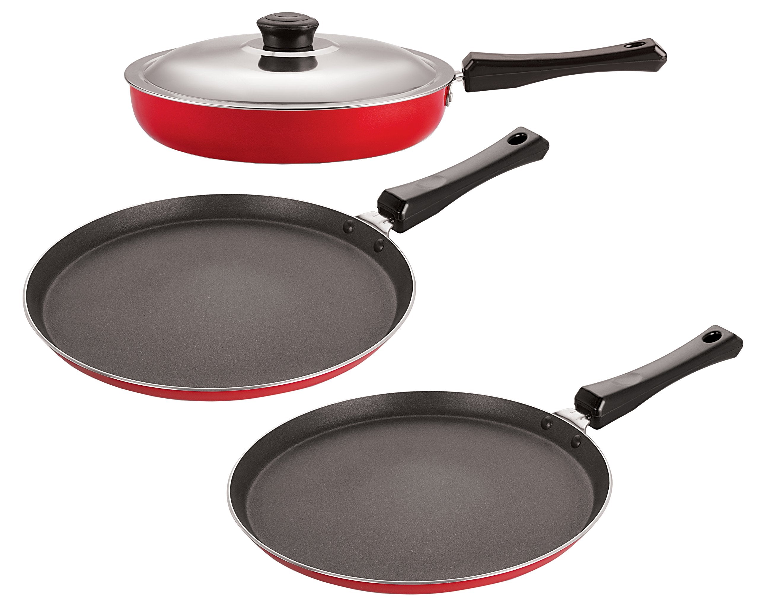Nirlon NonStick Aluminium Combo Set Kitchen Cooking Combo Utensil Gift Set With Steel Lid, 3 Piece, Multicolor