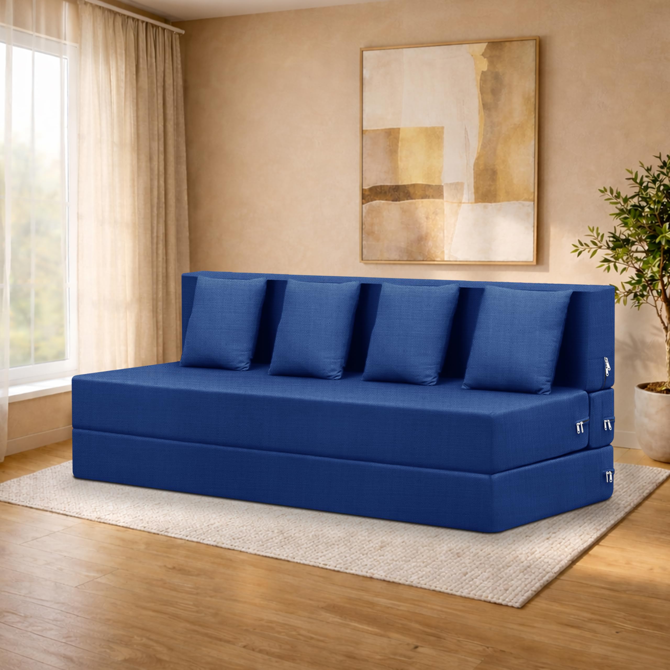 Deco Studio FourSeater Sofa Cum Bed Foldable Sofa Cum Bed Washable & Zipper |Jute Finish Fabric  Blue | 6 X 6 Feet