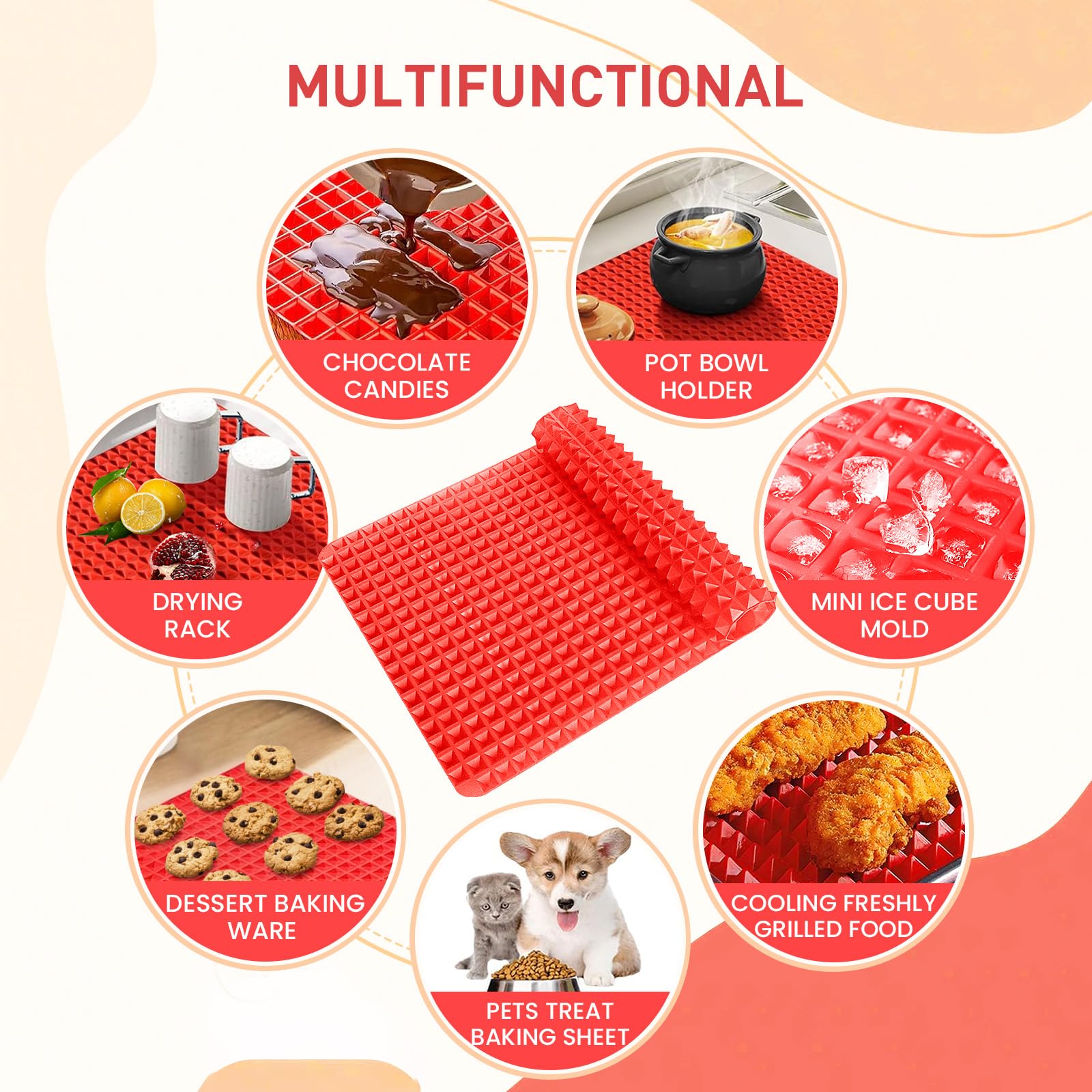 Silicone Baking Mat Sheets For Oven Mats Cooking Pan 16''X11'' 6.7''X6.7'' 2 Pack Non-Stickfor Oven Grilling Bbq (2 Pack Red 16'