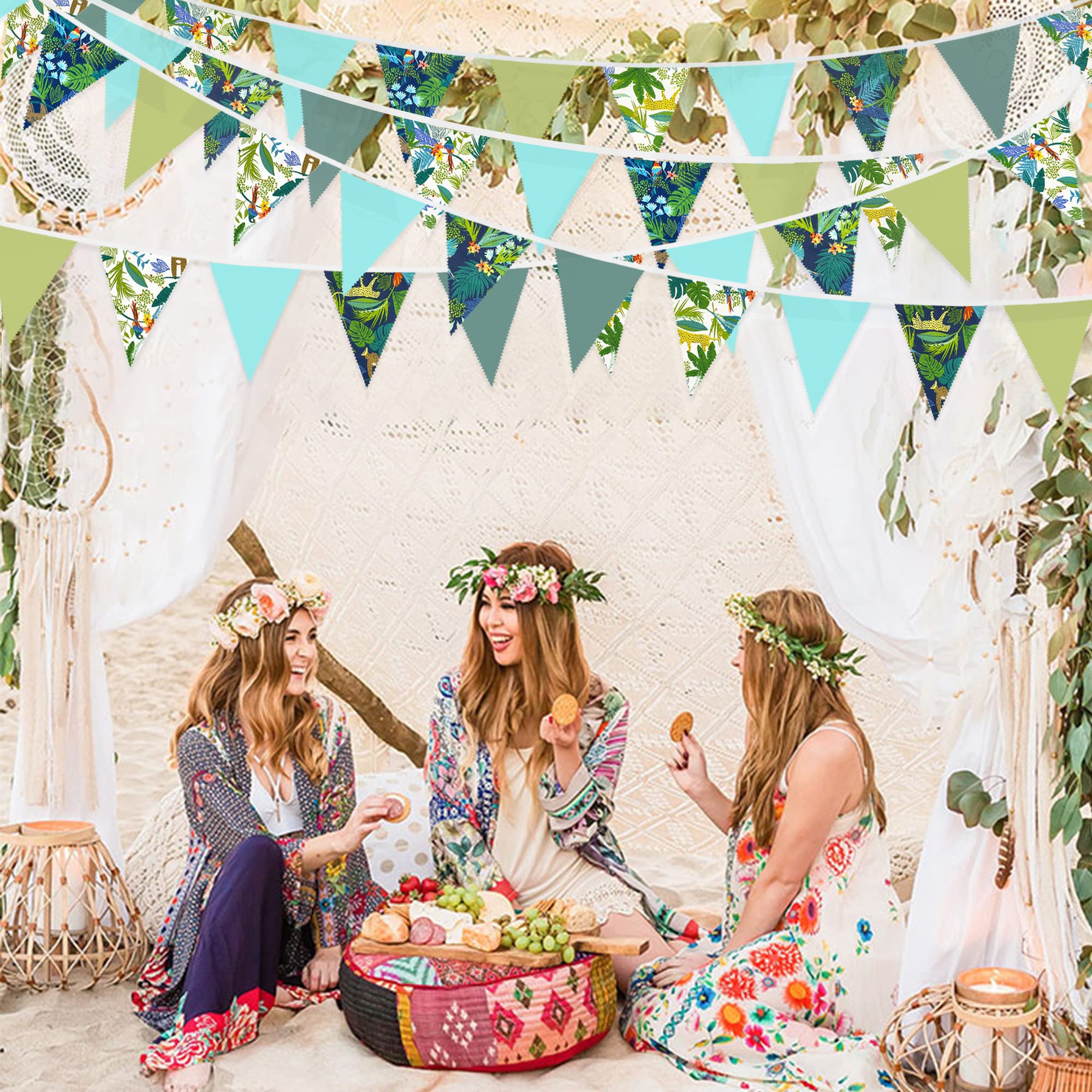 32Ft Teal Blue Green Summer Tropical Leaves Wild Animals Printed Pennant Banner Fabric Triangle Flag Cotton Bunting Garland For