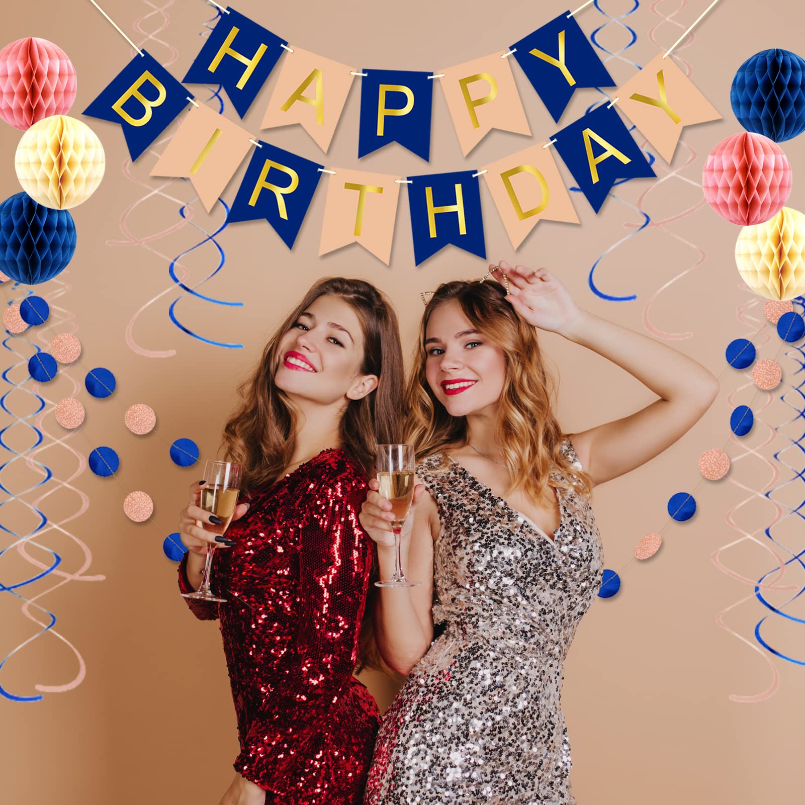 Navy Rose Gold Birthday Decorations With Happy Birthday Banner, Honeycomb Balls, Metallic Hanging Swirls And Circle Parper Garla