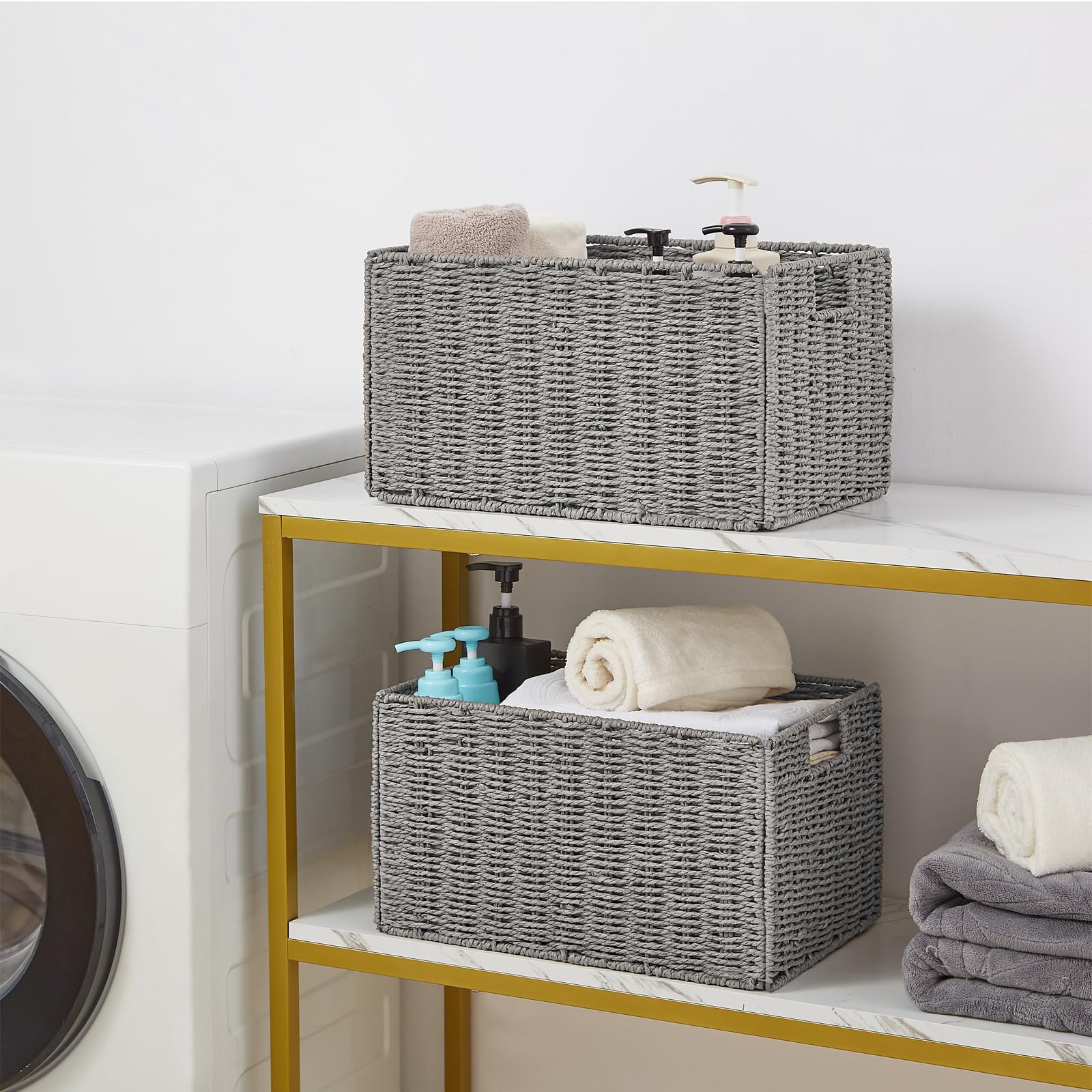 Vagusicc Wicker Basket, Baskets For Organizing, Set Of 2 Woven Paper Rope Wicker Storage Basket With Handles, Foldable Large Cub