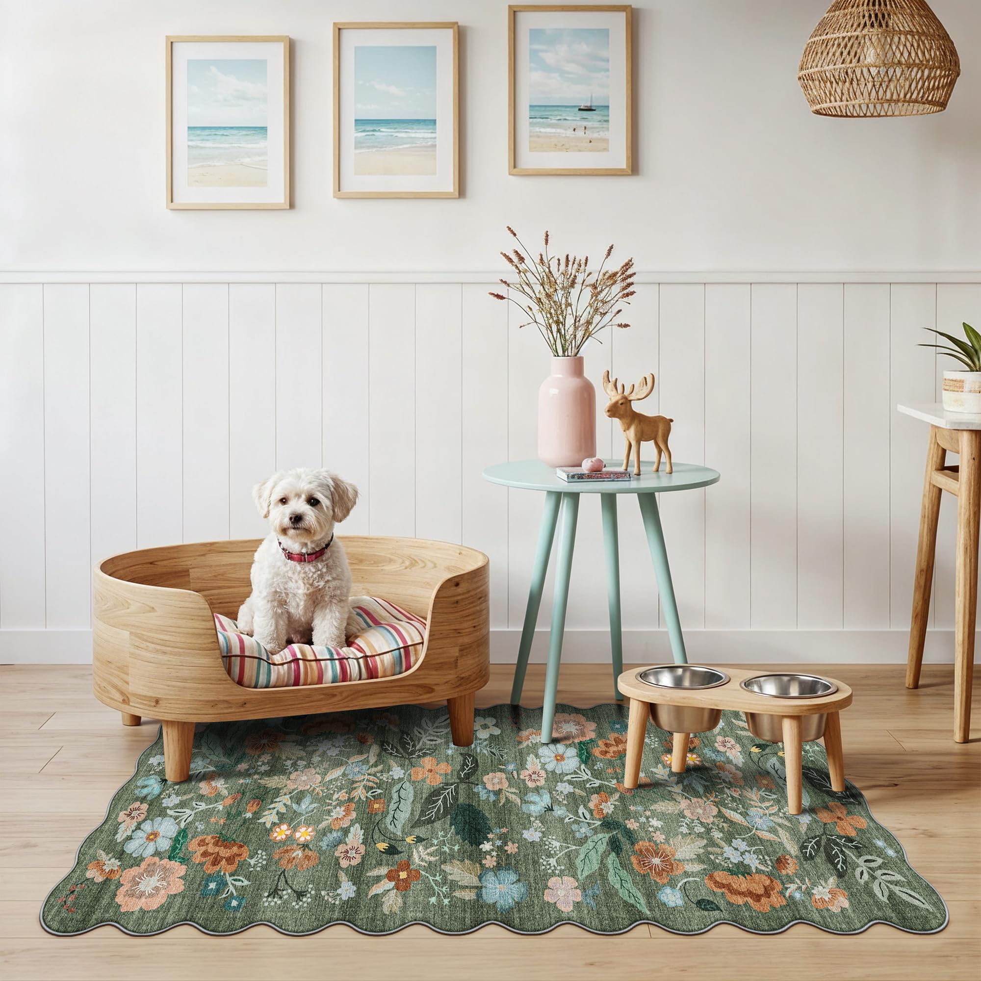2x5 Washable Kitchen Area Rug: Floral Scalloped Entryway Runner Farmhouse Non-Slip Floor Carpet for Hallway Bathroom Soft Comfor