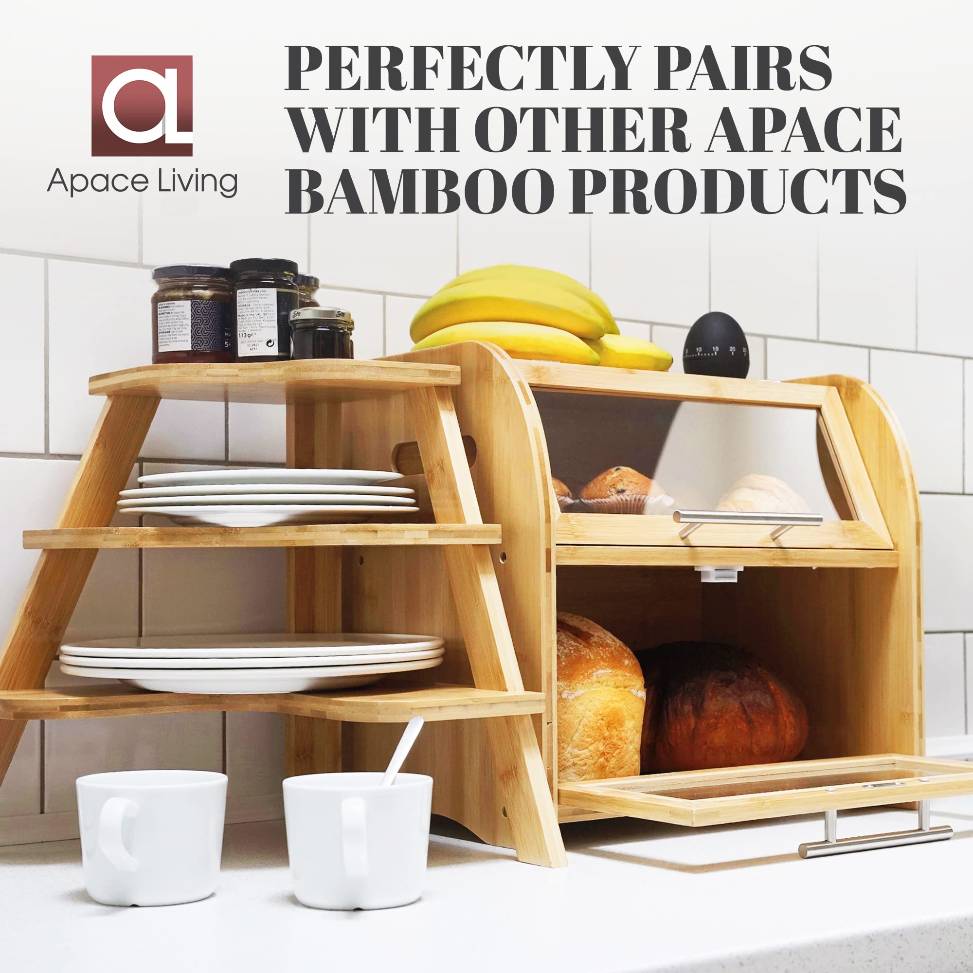 Arise Stylish Bamboo Bread Box For Kitchen Countertop, Extra Large 2-Shelf Wooden Bread Storage Container With Clear Windows And