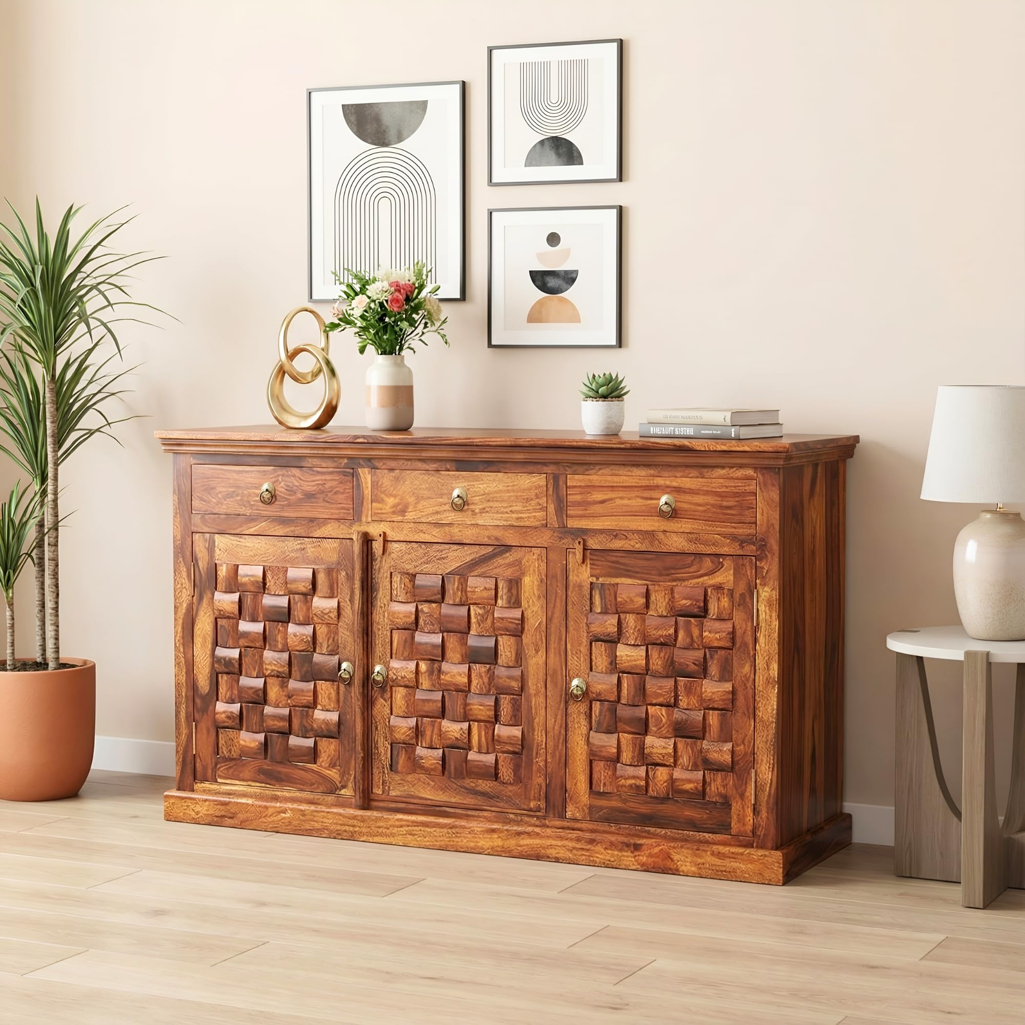 Sona Art & Crafts Solid Sheesham Wood Sideboard Cabinet Storage Organizer With 3 Drawer & Door Cabinet For Home Kitchen Living R
