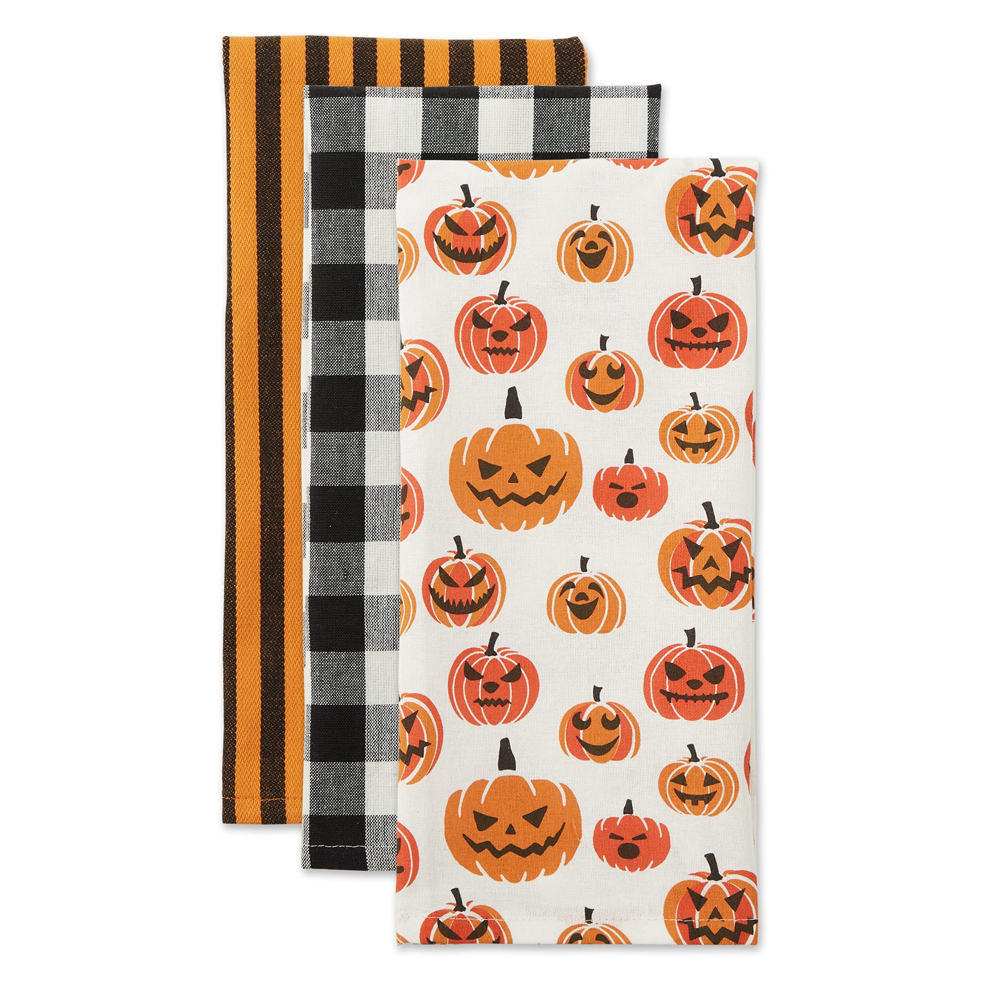 DII Halloween Hand Towels for The Kitchen Decorative Spooky & Fun Cotton Printed Dishtowel Set  18x28  Black & White Buffalo Check/Orange Stripes  3 Count