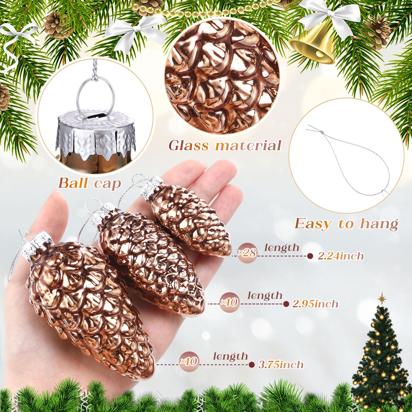 Sliner 48 Pcs Christmas Pinecone Ornament Glass Pinecone Bulk for Christmas Tree 3 Sizes Glass Ornament Fall Hanging Pine Cone P