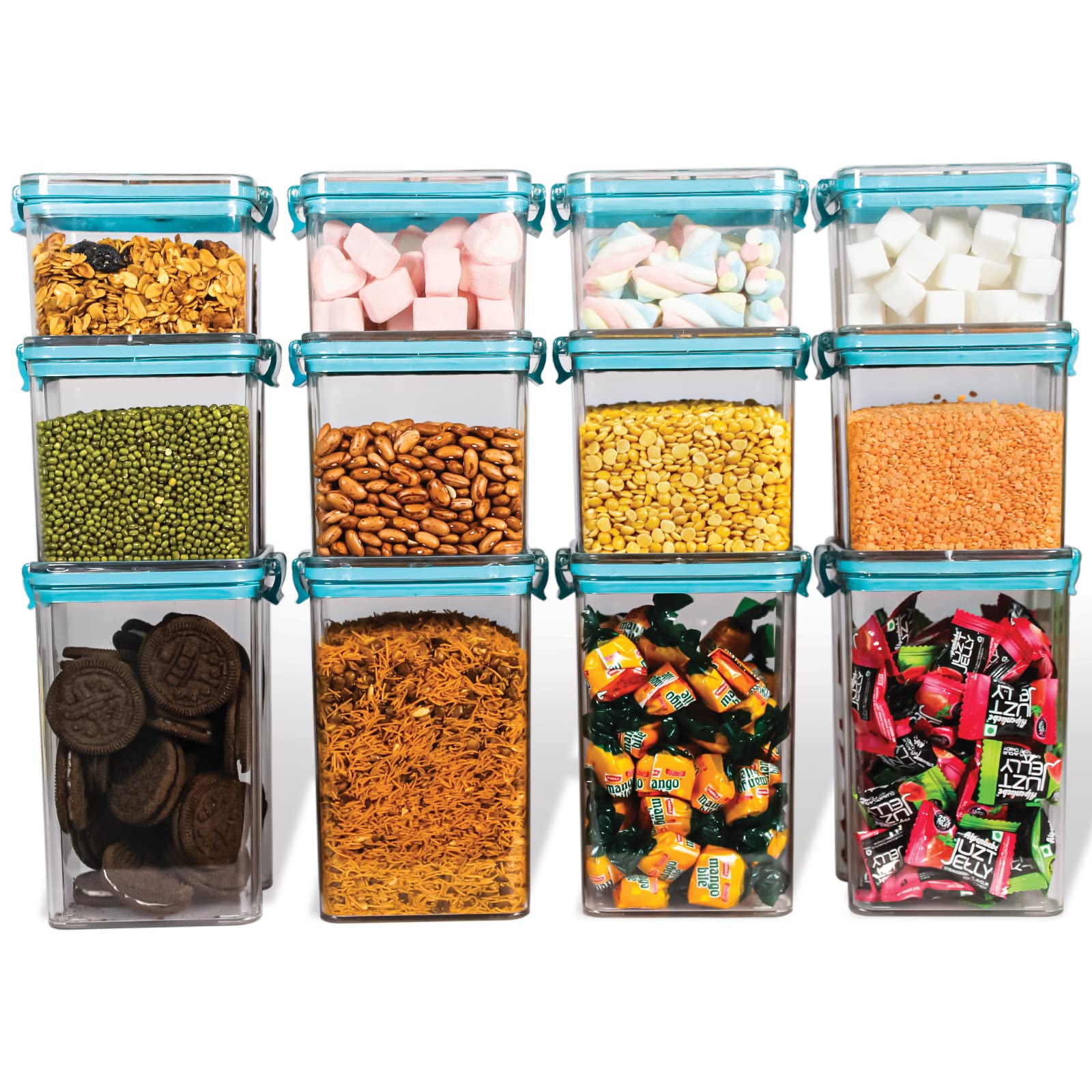 Pearlpet Click N Seal Plastic Kitchen Storage Container Set Of 12 Pcs 400 Ml,700 Ml & 1200 Ml, Square Shape, Blue