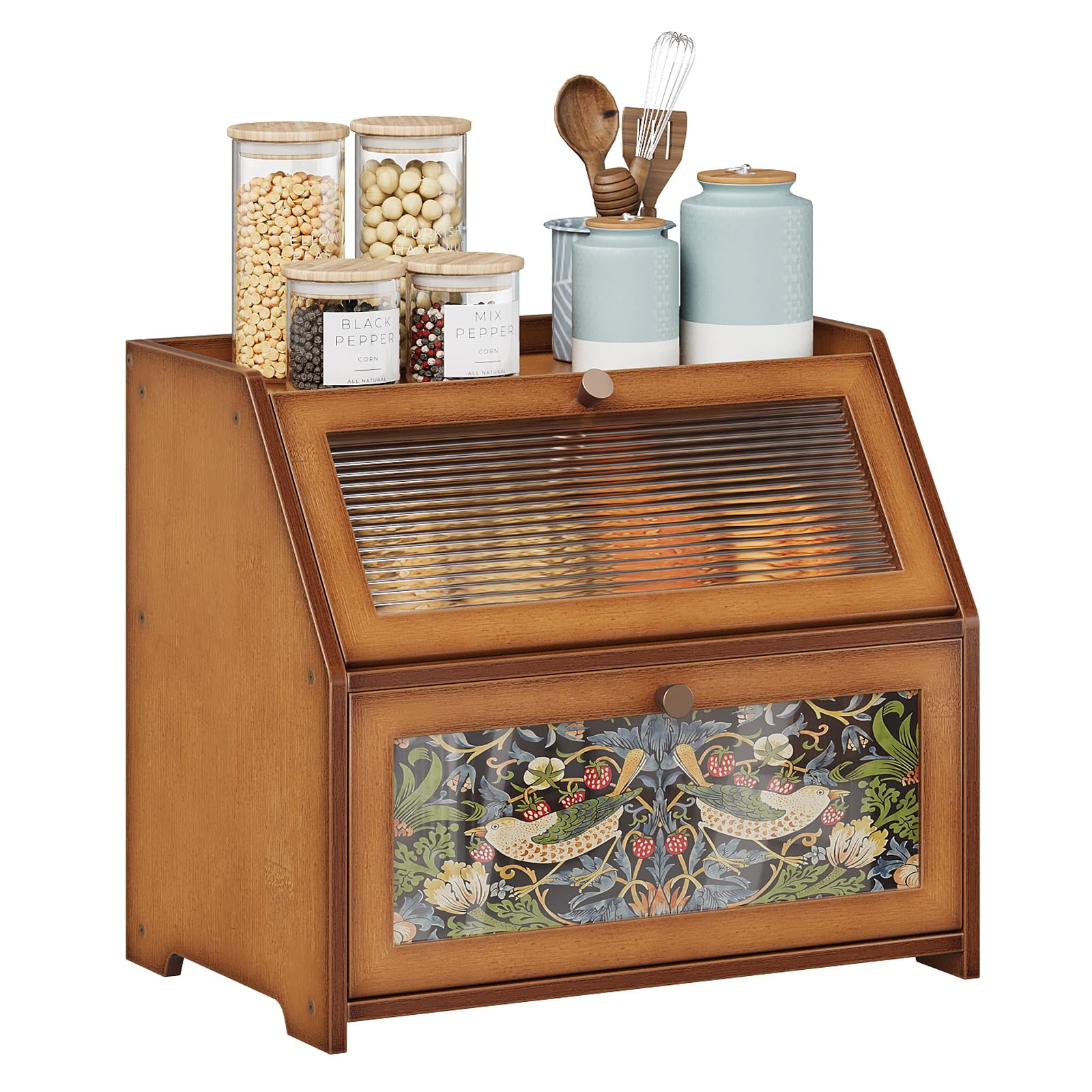 Trironsun Bamboo Bread Box for Kitchen Counter Black Bread Storage Container with Acrylic Door William Morris Flower Bird Design